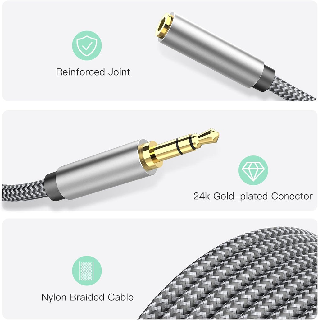 Headphone Extension Cable 10ft - 3.5mm Extension Cable Nylon Braided Aux Cord Extender for Smartphones, Tablets, Media Players (No Mic Support)