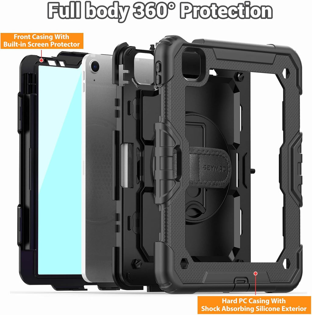 SEYMAC for iPad Air 5th/ 4th Generation Case 10.9 Inch, Full-Body Shockproof Protective Case with Screen Protector, Rotating Stand/Handle/Shoulder Strap/Pencil Holder for iPad Air 5/ Air 4, Black