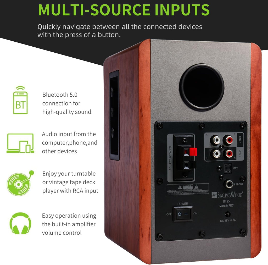 SINGING WOOD BT25 (2024 Version) Bluetooth Active Bookshelf Speakers for with Optical Aux inputs Subwoofer Line Out for PC, TVs, Turntable, Wooden Enclosure,80W - Cherry Wood