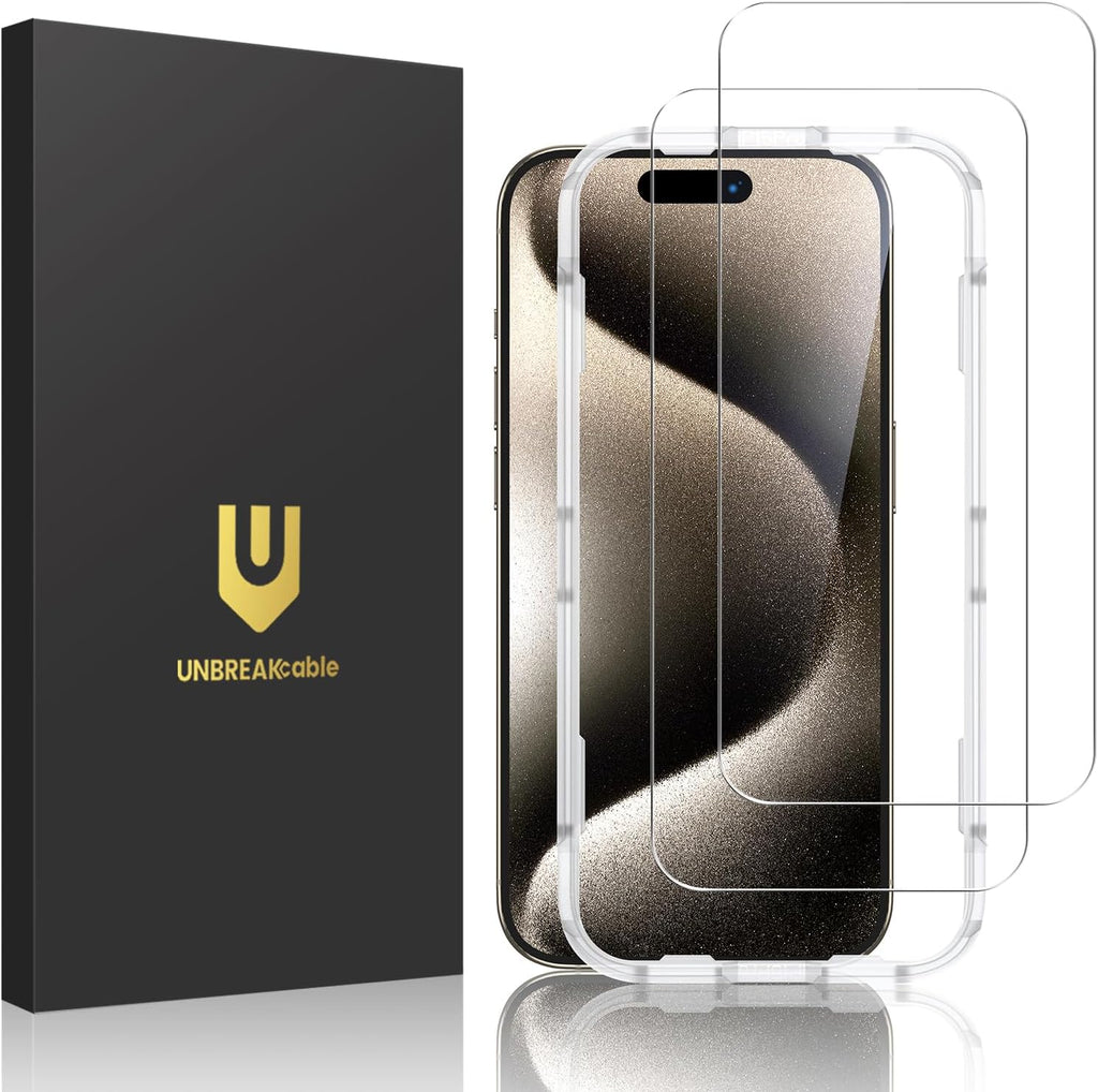 UNBREAKcable Screen Protector for iPhone 15 Pro,Shatterproof Tempered Glass [Easy Installation Frame] [Lasting Protection] [Smooth Touch] [9H Hardness] [Case Friendly] for Apple 6.1”-2 Pack