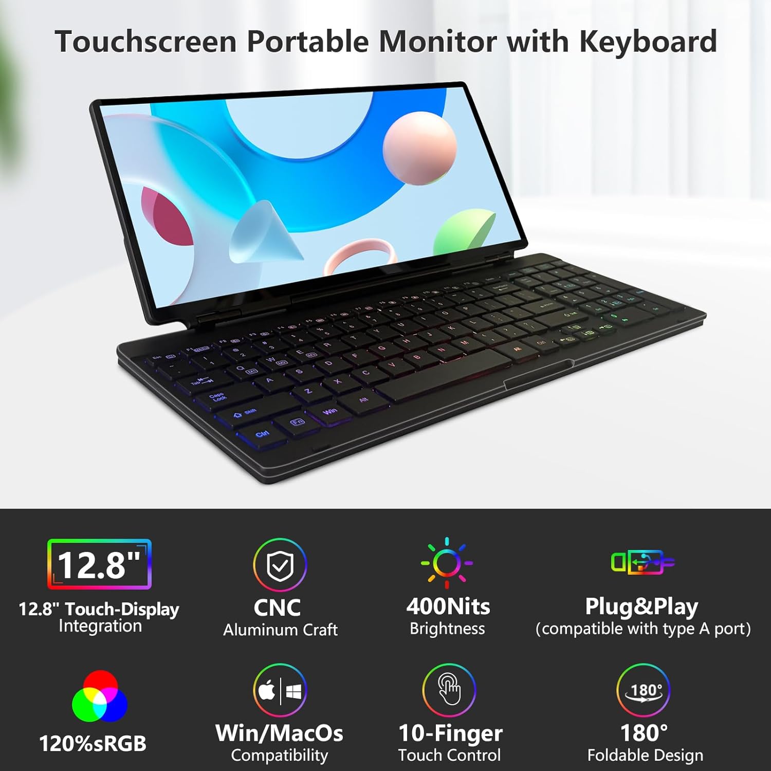 12.8" Portable Touchscreen Keyboard Monitor Stretched Bar Screen Extender with Silent Keyboard Foldable MIni RPi Display Type-C USB-A Monitor for Desktop Mini PC Laptop Macbook Phones Tablet (KM128T)