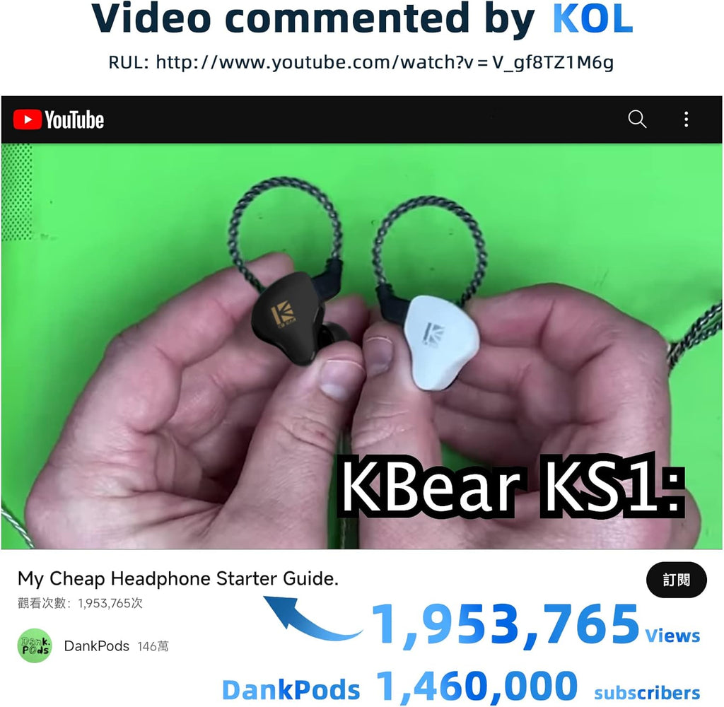 YINYOO KBEAR in Ear Monitor Headphones KS1 Wired Earphones Super Bass Earbuds, Crystal Clear Sound IEM Headphones, High Resolution Noise Canceling Ear Monitors Headphone for Singers Musician