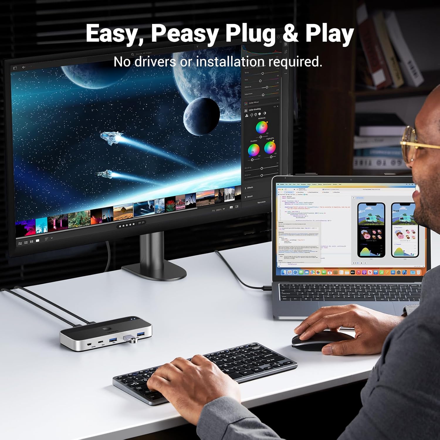 UGREEN USB 3.0 Switch 2 Computers Sharing USB C & A Devices, 4 Port USB Switcher Sharing Keyboard and Mouse, Printer/Scanner USB Switch Hub for Two Computers with 2 USB3.0 Cables and Remote