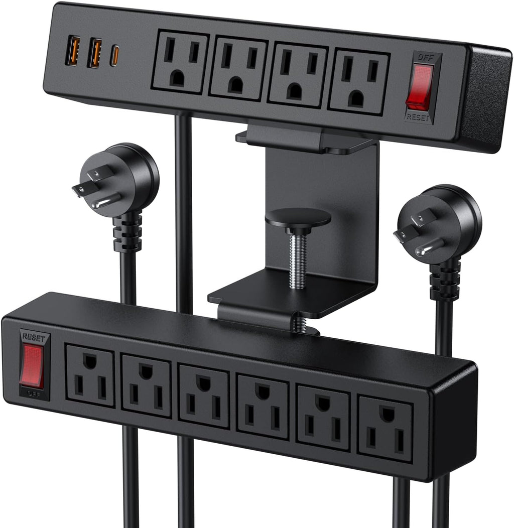 Dual Layer Desk Clamp Power Strip Surge Protector, Under Desk Power Strip with 10AC Outlets & 3 USB(20W USB-C), Desktop Edge Mount Charging Station, 6 Ft Extension Cord for Office Home (ETL Listed)