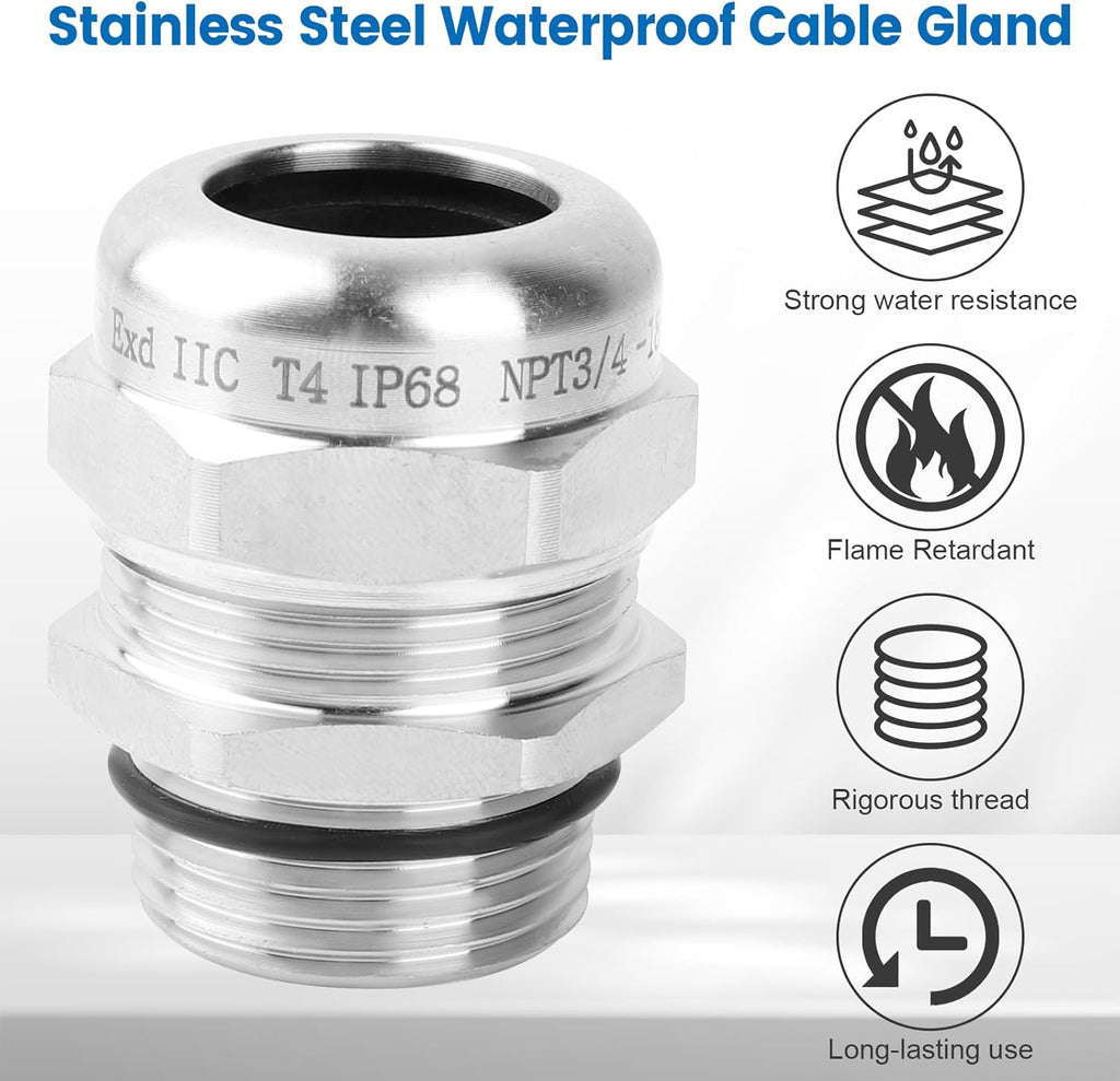 2 Pcs 3/4" NPT Stainless Steel Waterproof Cable Gland, IP68 Waterproof Adjustable Cable Glands, Strain Relief Cord Grip Connectors with Gaskets and Locknut for 13-18mm Cable Diameter