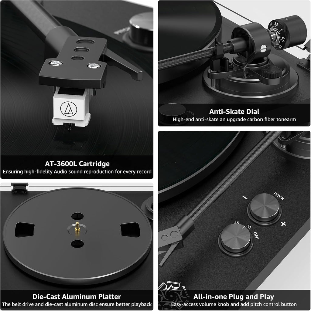 Record Player Wireless Output Turntable Carbon Fiber Tonearm Vinyl Player Aluminium Platter Belt-Drive LP Turn Tables 2 Speed RPM Phono RCA Line Output AT-3600L MM Cartridge Audio Sound Pure Black
