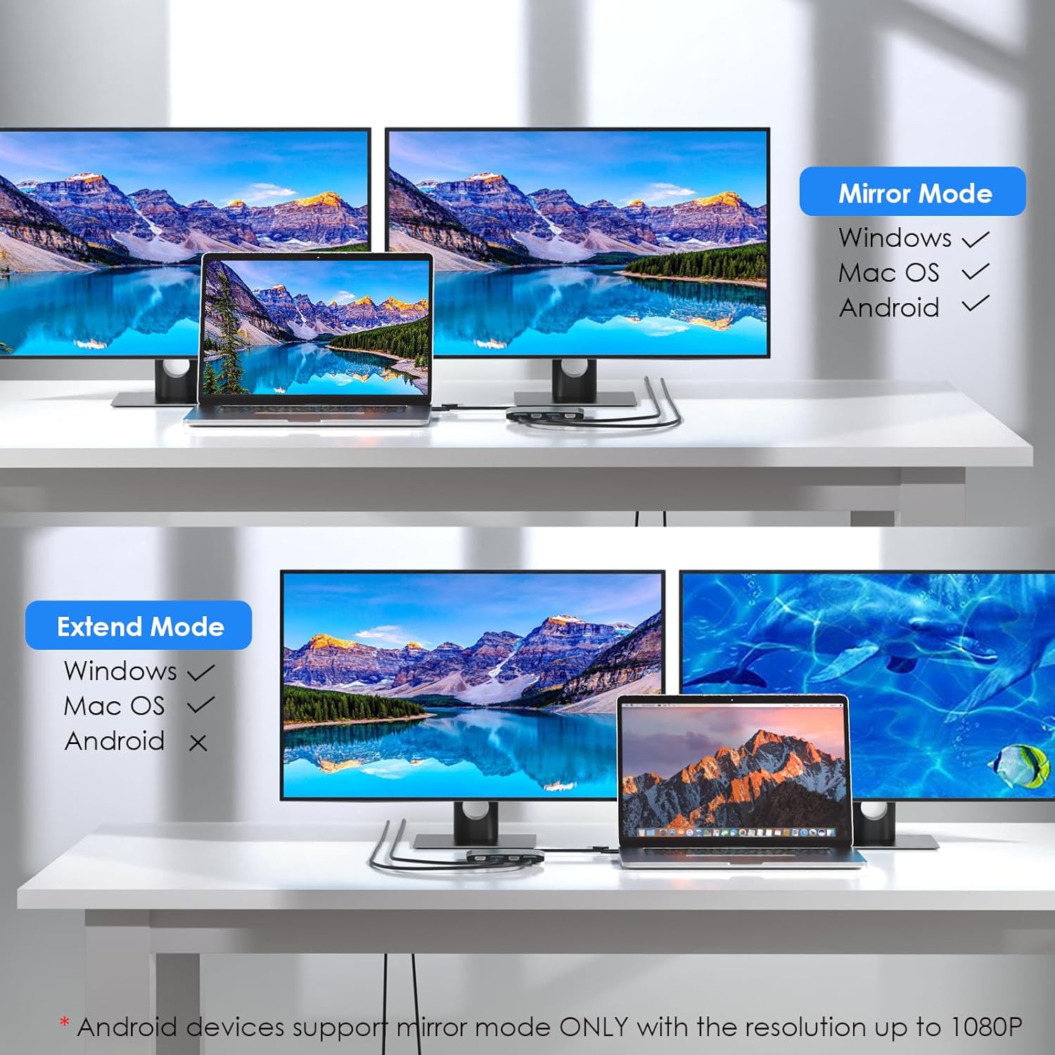 WAVLINK USB C and USB 3.0 to Dual 4K DisplayPort/HDMI Adapter, Displaylink Monitor Splitter Extended Display for Dual Monitor 4K@60Hz, HDMI/DP Splitter Compatible with Mac M1-M4,Window Laptop-Silver