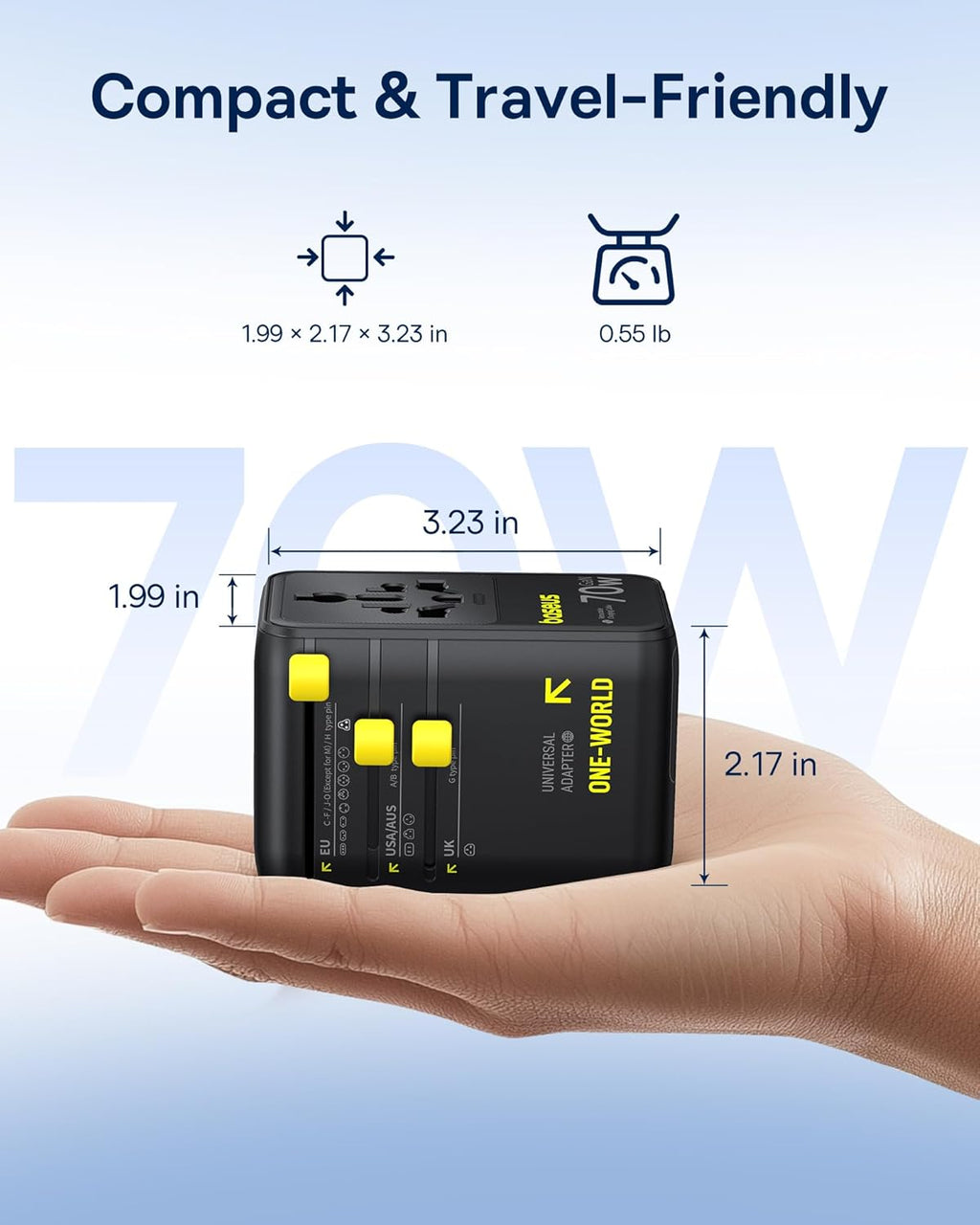 Baseus 70W Universal Travel Adapter with Retractable Cable, 6-in-1 International Plug Adapter, USB-C PD Fast Charging Worldwide Wall Charger for USA/EU/UK/AUS and Over 200 Countries - Enercore CG11