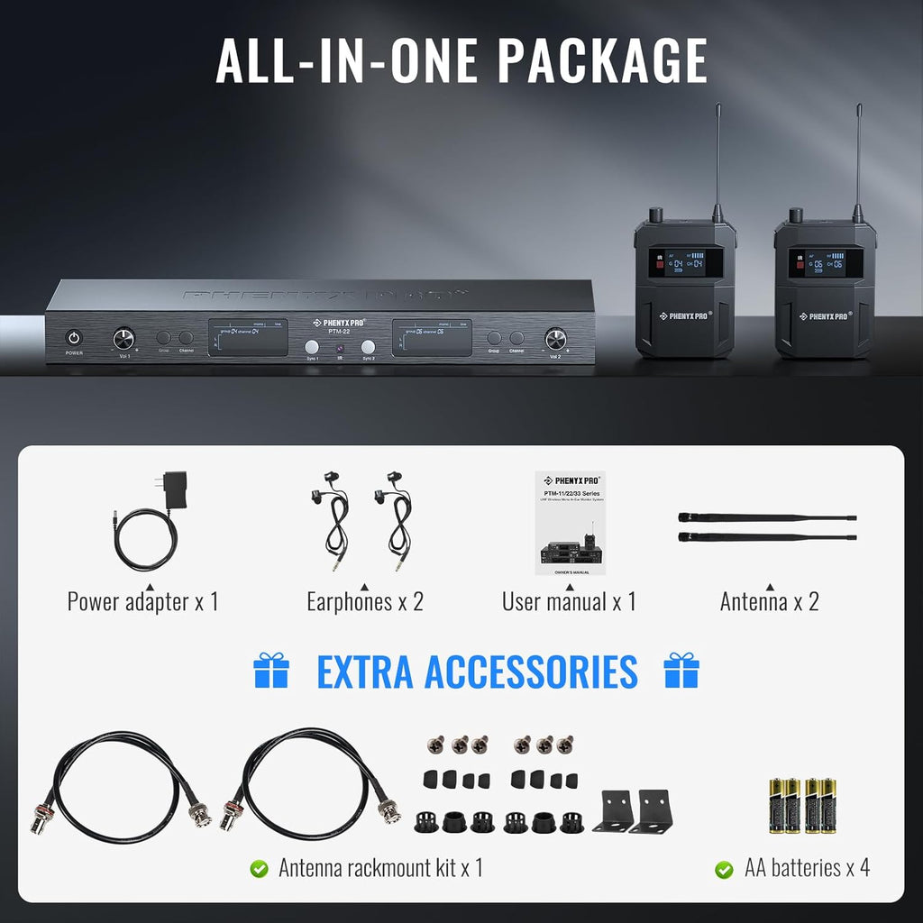 Phenyx Pro UHF Mono Dual Wireless in-Ear Monitor System, Metal Wireless IEM System, Sturdy Bodypack Receiver, 2x50 Frequencies, Separate Outputs,164ft Operation, Suitable for Band and Studio (PTM-22)