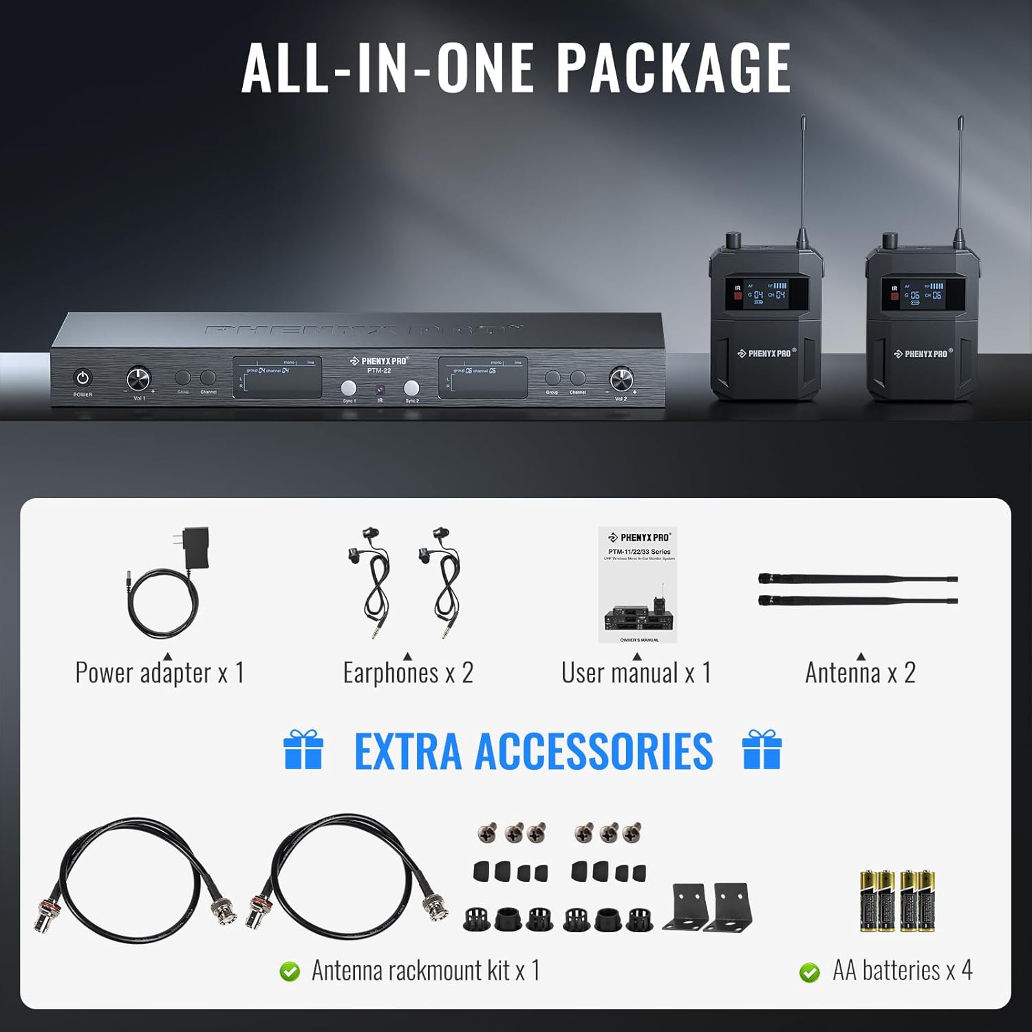 Phenyx Pro UHF Mono Dual Wireless in-Ear Monitor System, Metal Wireless IEM System, Sturdy Bodypack Receiver, 2x50 Frequencies, Separate Outputs,164ft Operation, Suitable for Band and Studio (PTM-22)