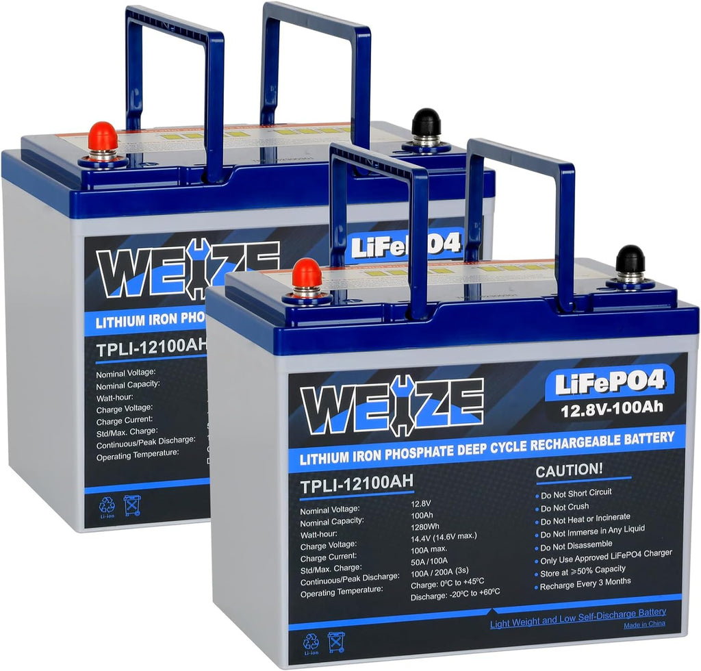 WEIZE 12V 100Ah LiFePO4 Lithium Battery, Upgrade Mini Size & Lightweight, 100A Smart BMS, Deep Cycle Low Temperature Protection Battery for RV, Solar, Marine, Trolling Motor (2 Packs)
