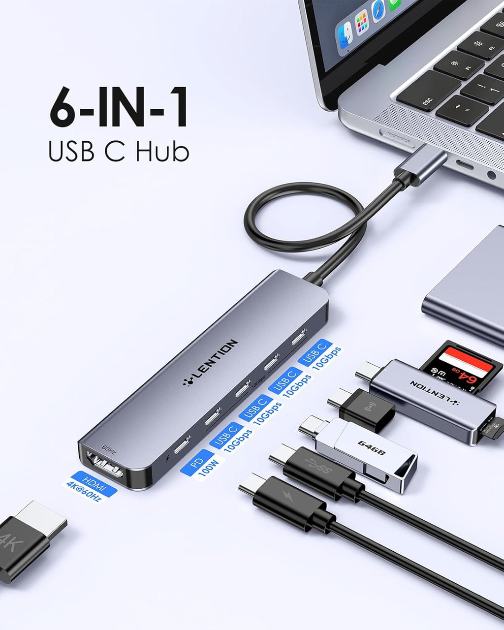 LENTION 6-in-1 USB C Hub Dock with 4K @60HZ HDMI Display, 4 USB-C Ports (USB 3.2 Gen 2, 10 Gbps), PD 100W Charging and for iPhone15 Series, New MacBook Pro, Mac Air, More (CE33, Space Gray)