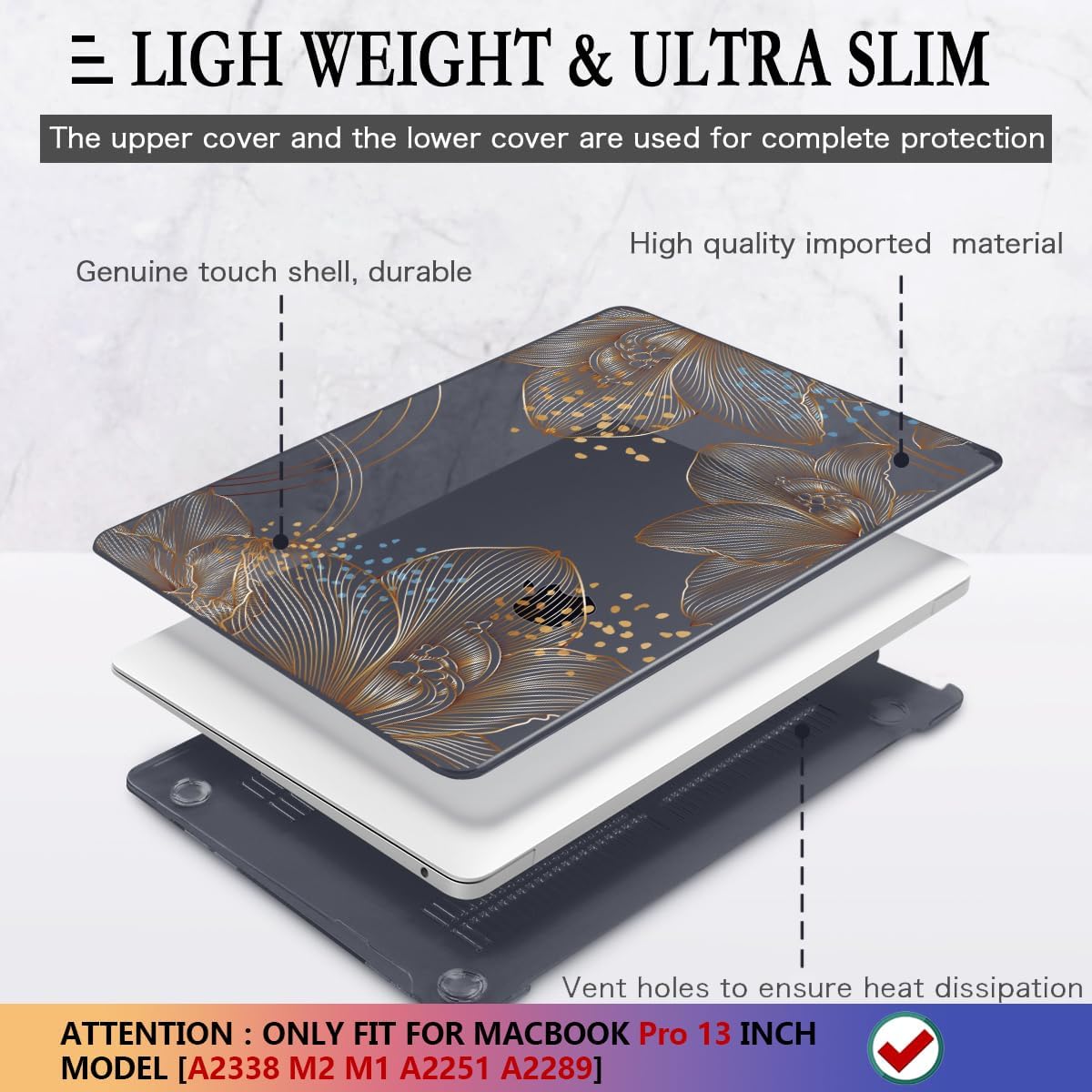 CISSOOK for MacBook Pro 13 inch Case 2025-2020 Release Model A2338 M1 M2 A2289 A2251 with Touch Bar, Plastic Hard Shell Case & Keyboard Cover & Screen Protector for Pro 13, Gorgeous Gold Floral