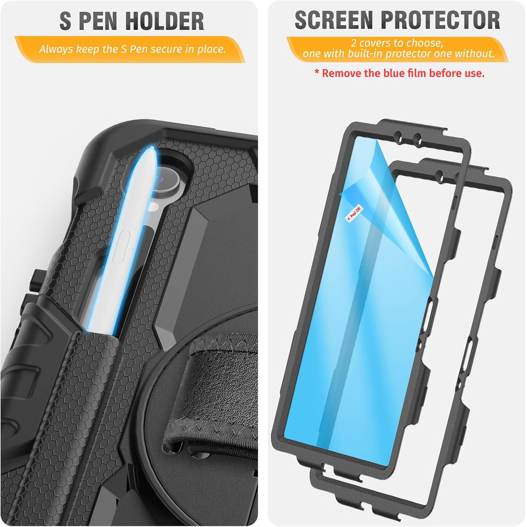 HXCASEAC Case for Galaxy Tab S10 FE / S9 FE 5G 10.9 inch, Shockproof Design with Screen Protector, 360° Hand Strap Stand, S Pen Holder, Heavy Duty Protective Samsung S9 FE / S10 FE Tablet Case, Black