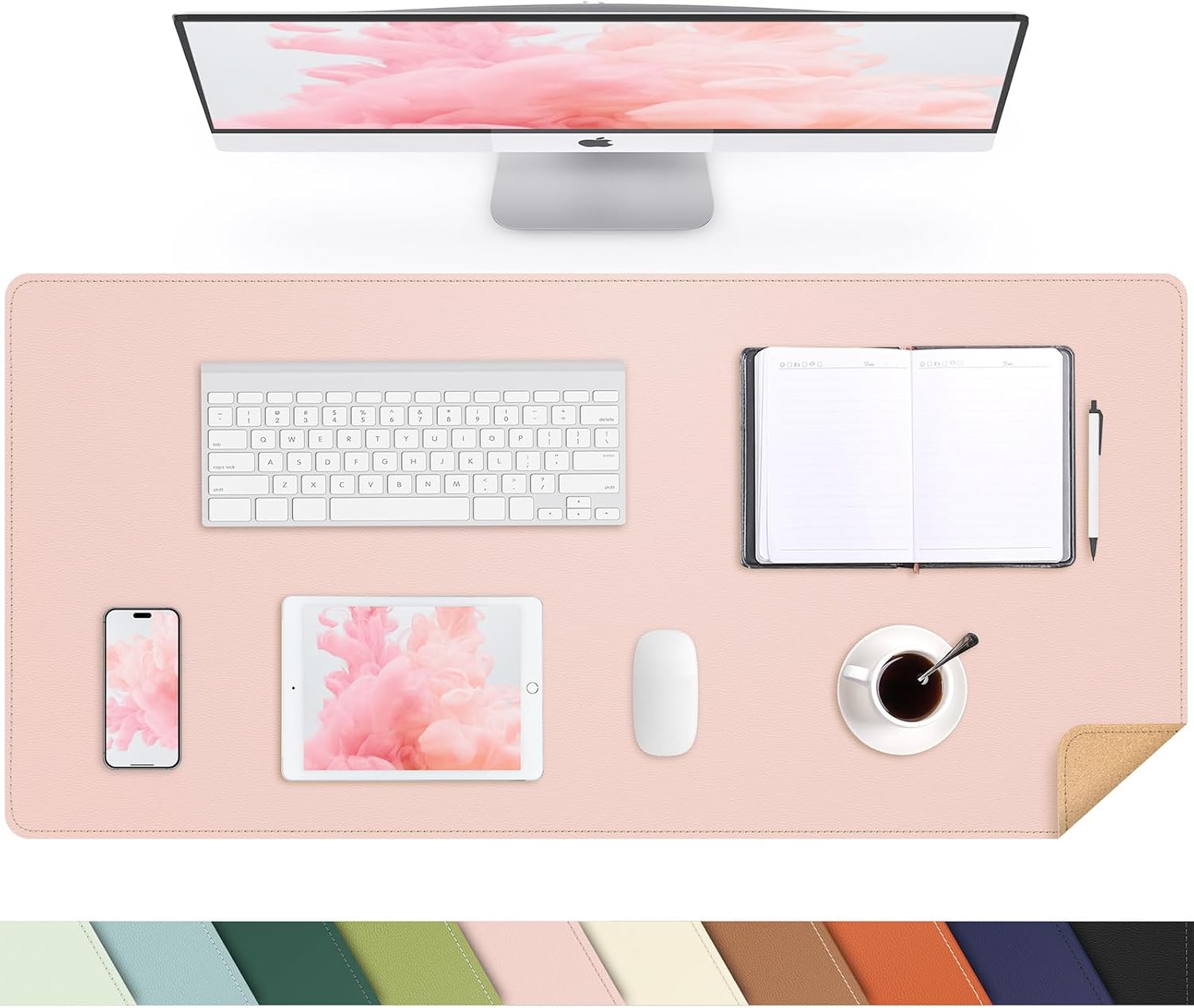 Leather Desk pad Protector, Large Desk mat with Natural Cork & PU Leather,Mouse pad,Non-Slip Office Desk Mat,Waterproof Desk Writing Pad for Office and Home (35in*17in, Rose Pink)