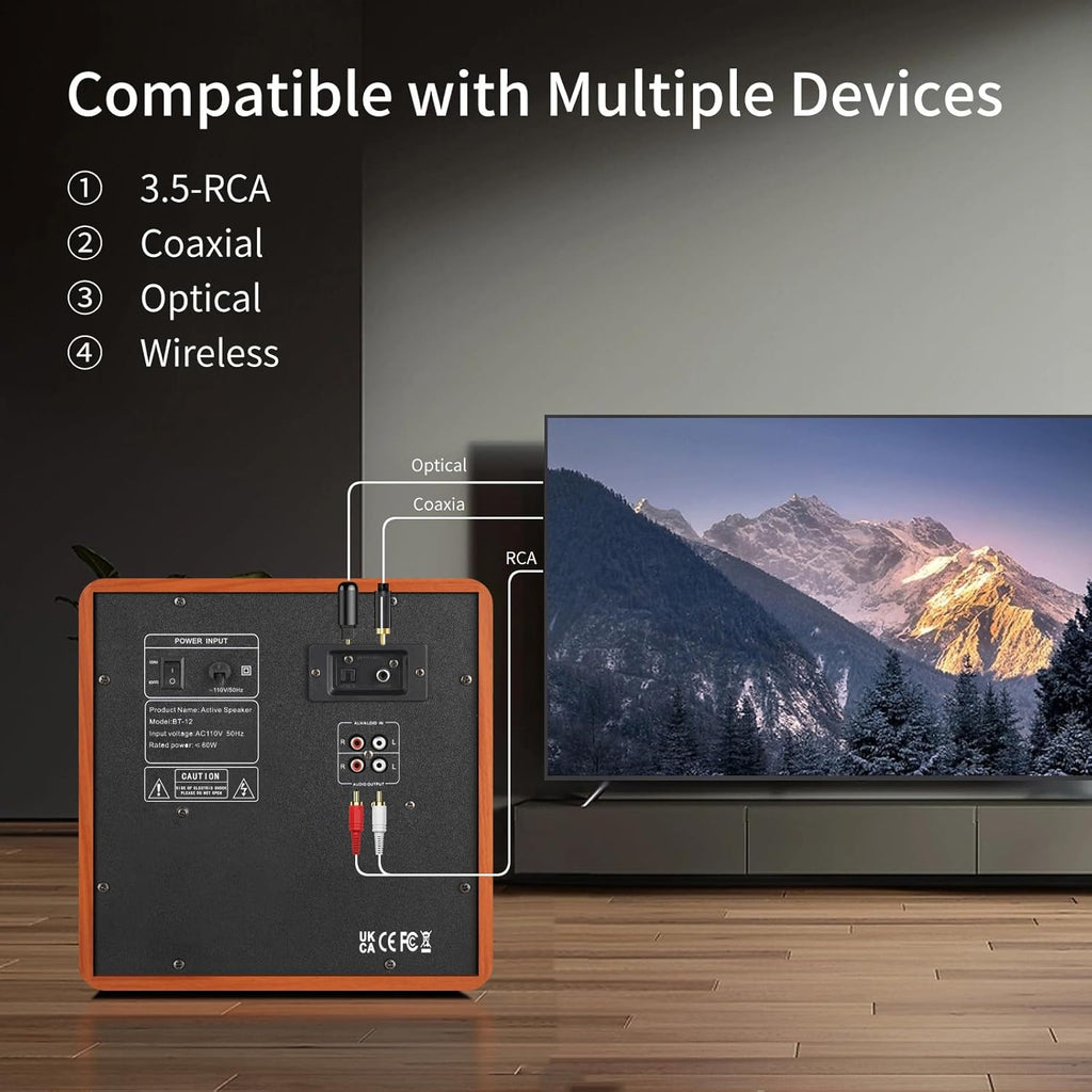 Computer Gaming Speaker System with Subwoofer, PC Desktop Monitor Surround Sound, Two Satellite with Midrange and Treble, Full Range Coverage, Support Optical/Coaxial/3.5 to RCA/Wireless Connection