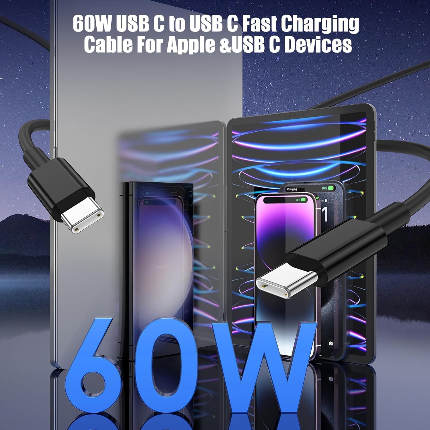 3-Pack Black [3.3FT+3.3FT+6.6FT] 60W USB C to USB C Cable, Type C Fast Charging Cable for iPhone 16 15 Pro Plus Pro Max，for Galaxy S24 S23, for iPad Pro/Air, for MacBook Pro/Air and More