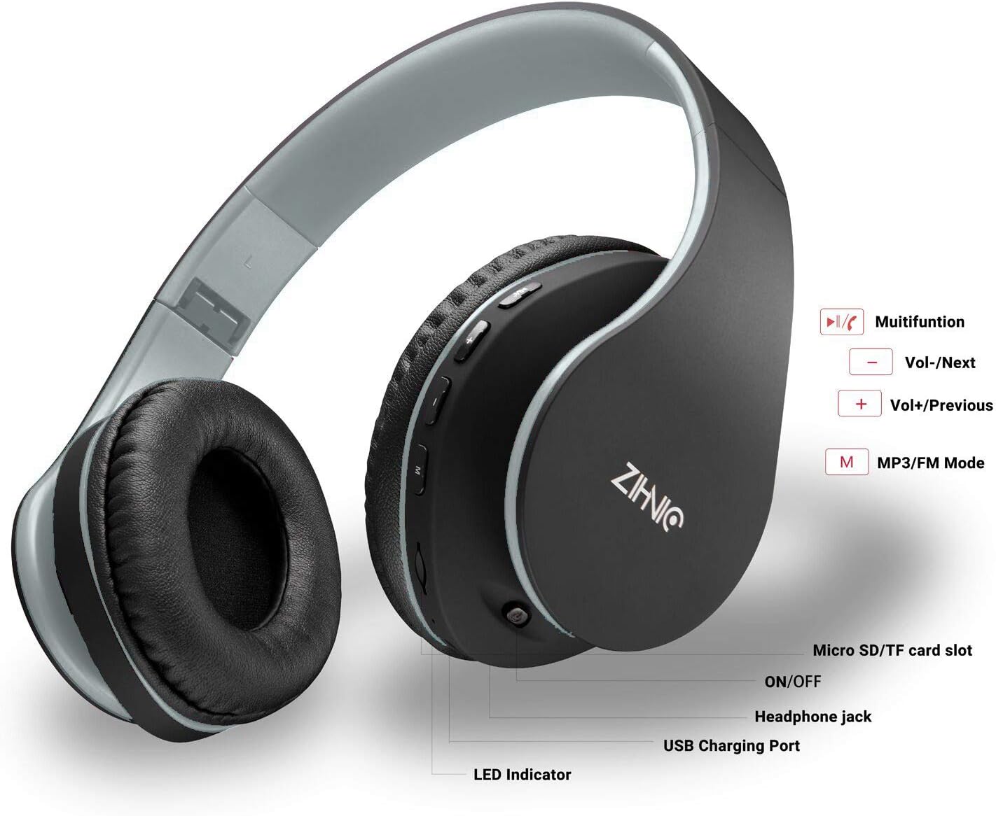 ZIHNIC Bluetooth Headphones Over-Ear, Foldable Wireless and Wired Stereo Headset Micro SD/TF, FM for Cell Phone,PC,Soft Earmuffs &Light Weight for Prolonged Wearing(Black/Gray)