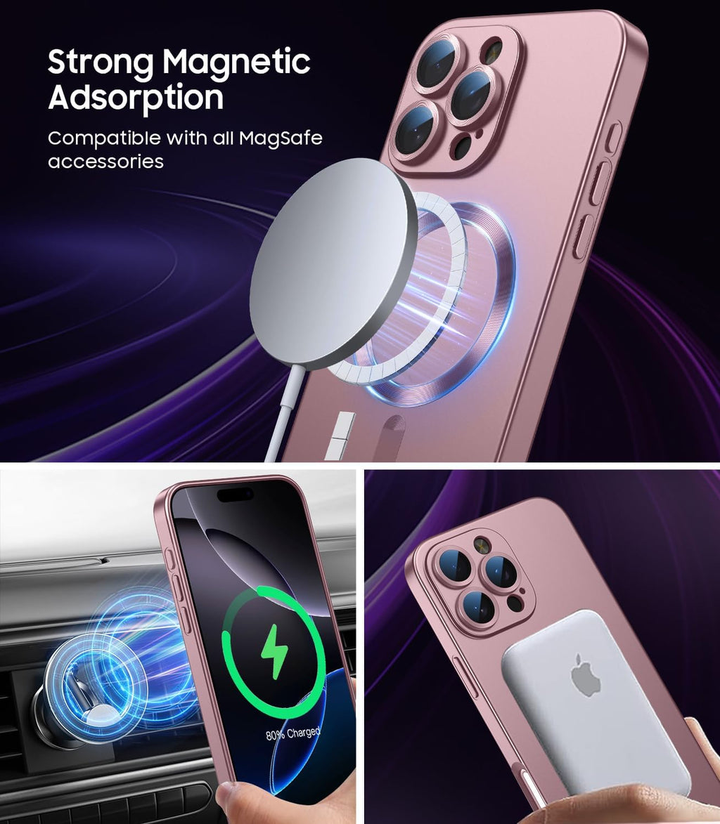 Magnetic for iPhone 16 Pro Case [Compatible with MagSafe][Built-in Camera Lens Protector] Slim Soft Silicone Bumper Shockproof Metallic Luster Phone Case (Rose Gold)