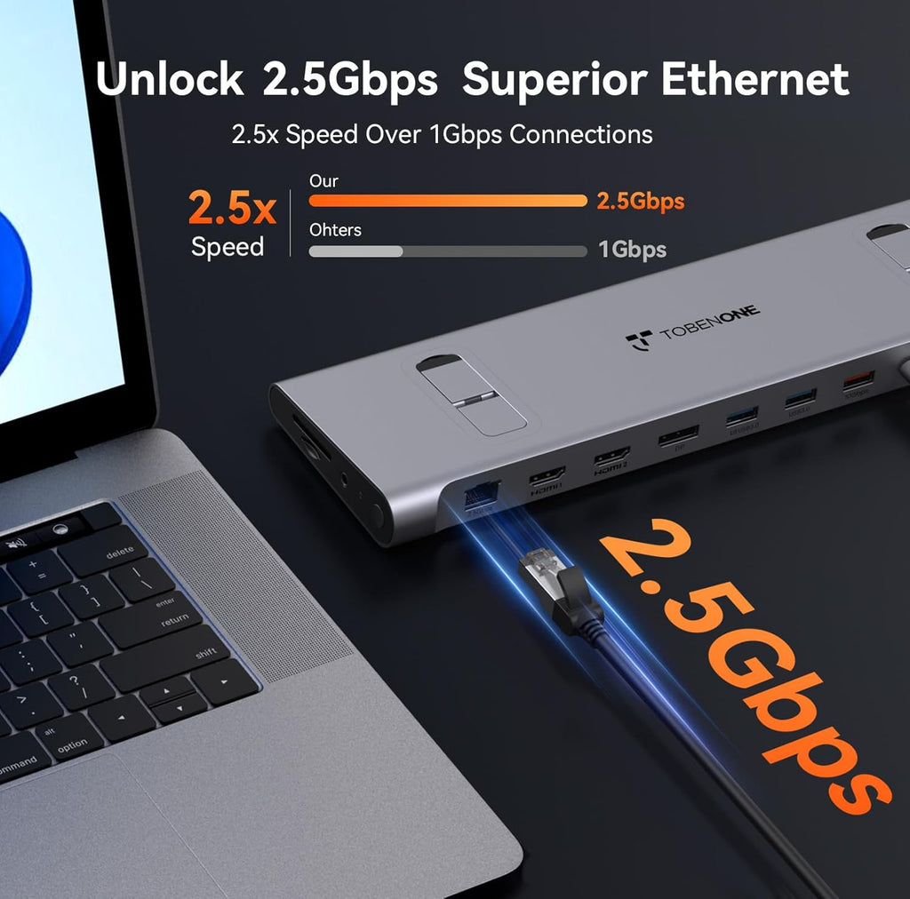 TobenONE USB-C Docking Station 3 Monitors & Dual Monitor,Laptop Dock Stand with 100W GaN III Charger, 2.5Gbps Ethernet,2 HDMI & DP (Single 4K@120Hz), 6 USB Ports for Dell/Hp/Lenovo