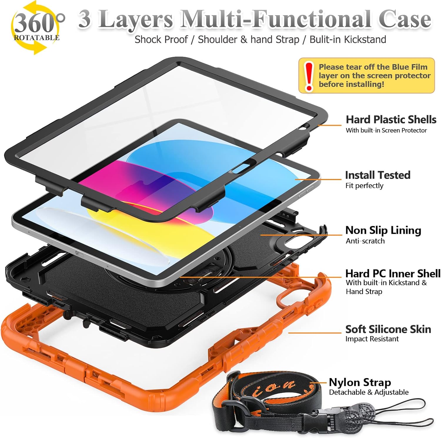SEYMAC stock Case for iPad (A16) 11th/10th Generation 11''/10.9'' 2025/2022, Full-Body Drop Protection Case with Screen Protector &360° Rotate Hand Strap/Stand, Black+Orange