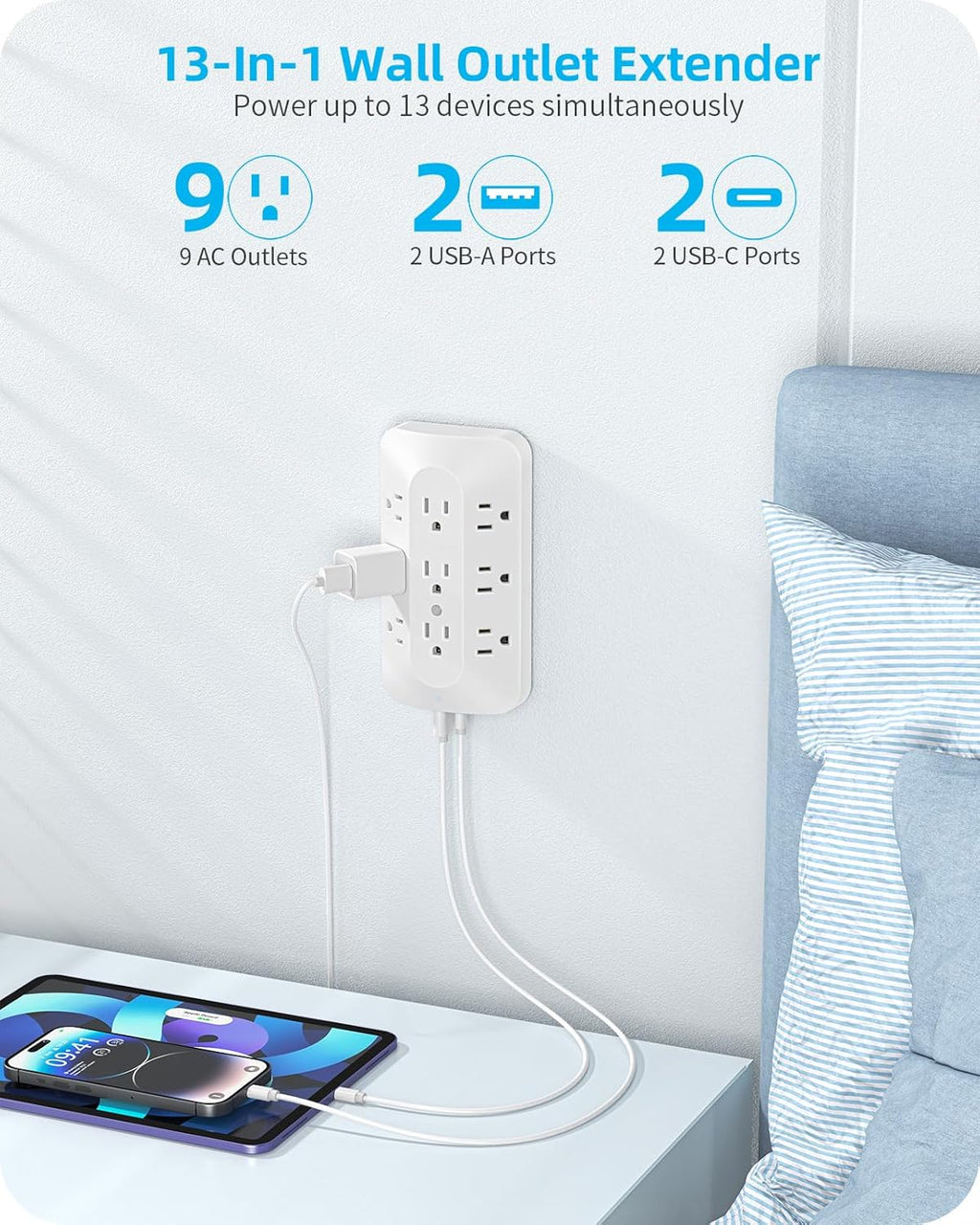 Wall Outlet Extender, 9 Outlet Splitter with 4 USB Ports (2 USB C), Multi Plug Wall Outlet Expander, 3-Sided Wall Charger Power Strip for Home, Office, Dorm, White