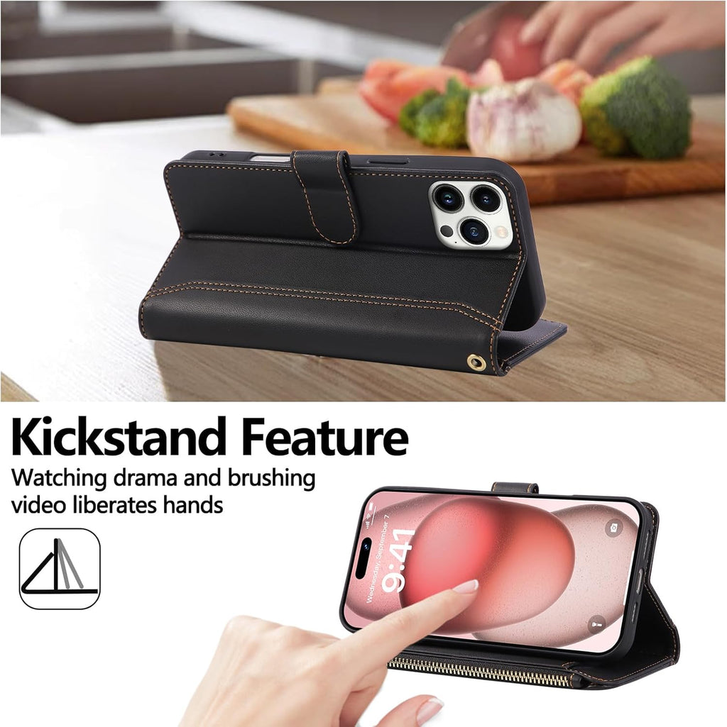 Compatible with iPhone 13 Pro Wallet Phone Case-PU Leather Magnetic Flip Cover with Credit Card Slots,Zipper Pocket & Detachable Wrist Strap,Shockproof Design,for Women and Men-Black