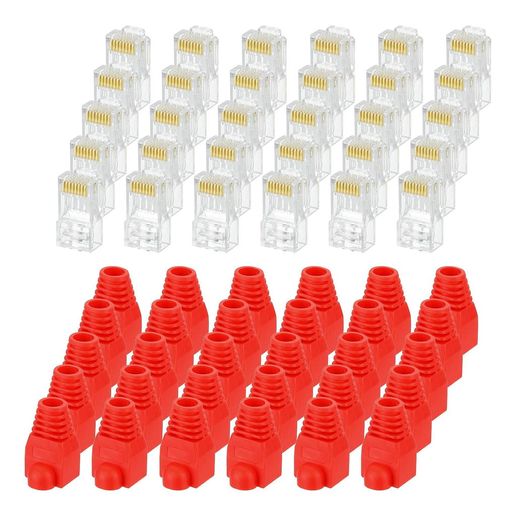 MECCANIXITY 60pcs Cat6 RJ45 Pass Through Connectors, RJ45 Connector 8P8C Gold Plated Plugs with 60pcs Red Strain Relief Boots for Solid or Stranded UTP Ethernet Cable, 1.1mm