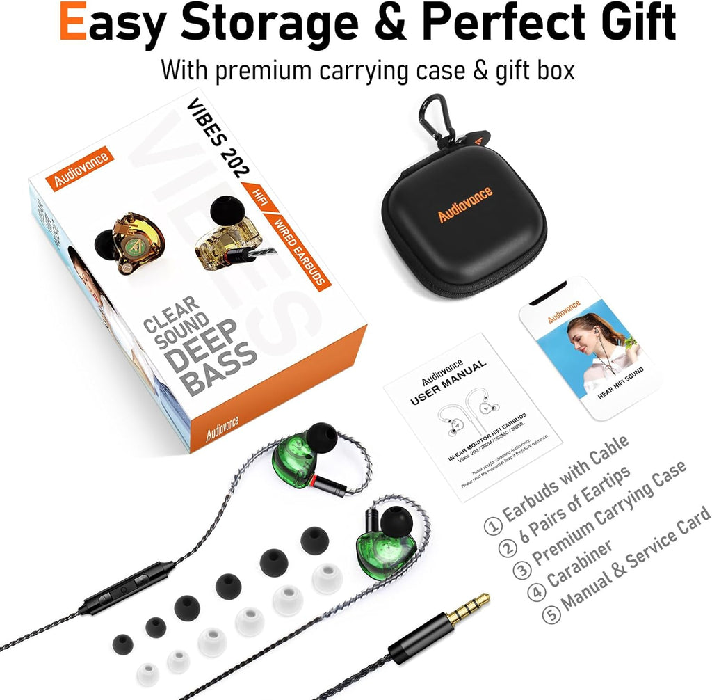 Vibes 202M Wired Earbuds - HiFi in Ear Monitor Headphones - Noise-Isolating Ear Buds w/ Mic - Clear Sound, Deep Bass & Comfort-Fit Gaming Earphones - MMCX to 3.5mm & Silver Plated Cord, Carrying Case