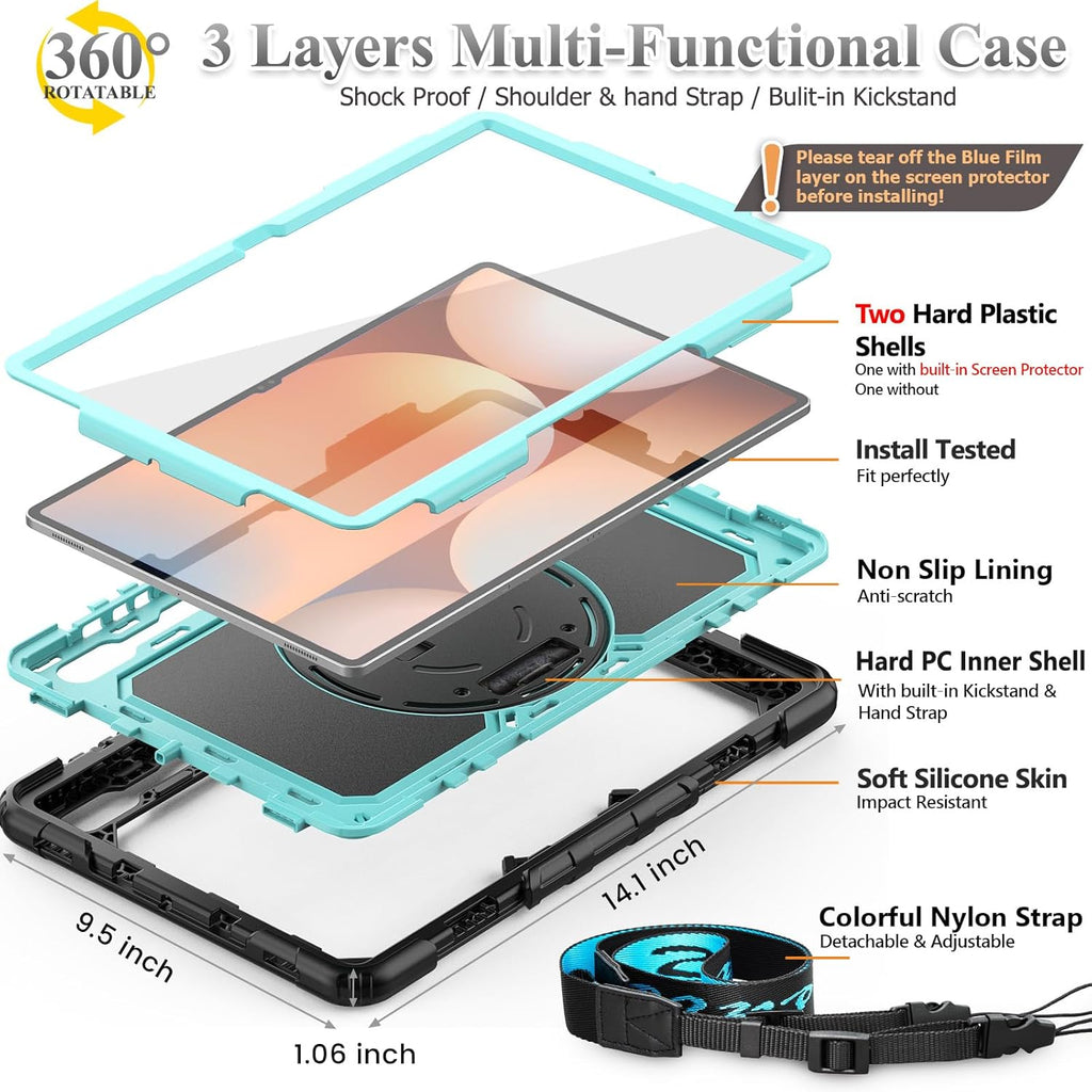 SEYMAC stock Case for Samsung Galaxy Tab S10 Ultra / S9 Ultra Tablet Case 14.6'' with Screen Protector, Pencil Holder, 360 Rotate Stand, Hand Strap, Shoulder Strap, Skyblue1