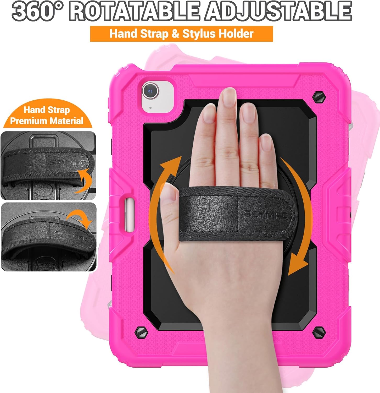 SEYMAC for iPad Air 5th/ 4th Generation Case 10.9 Inch, Full-Body Shockproof Protective Case with Screen Protector, Rotating Stand/Handle/Shoulder Strap for iPad Air 5/ Air 4, Black/Pink