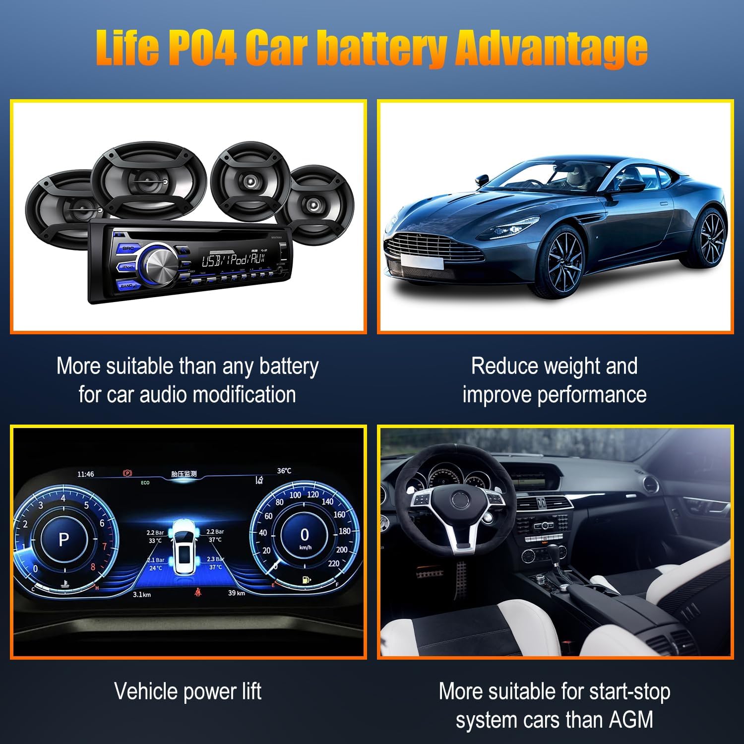 TPE Car Start Stop System BCI Group26 LiFePO4 Lithium-ion Battery 12.8V 800A Lightweight High Performance Battery Battery Level Display Left Negative Right Positive