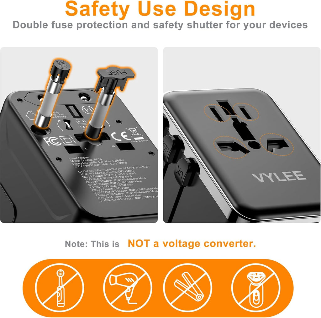 Universal Travel Adapter, VYLEE 70W International Plug Adapter with PD Fast Charging, 5-Port (1 AC/1 USB-A/3 USB-C), Wall Charger Worldwide Travel Essentials Plug for USA EU UK AUS Japan (Black)