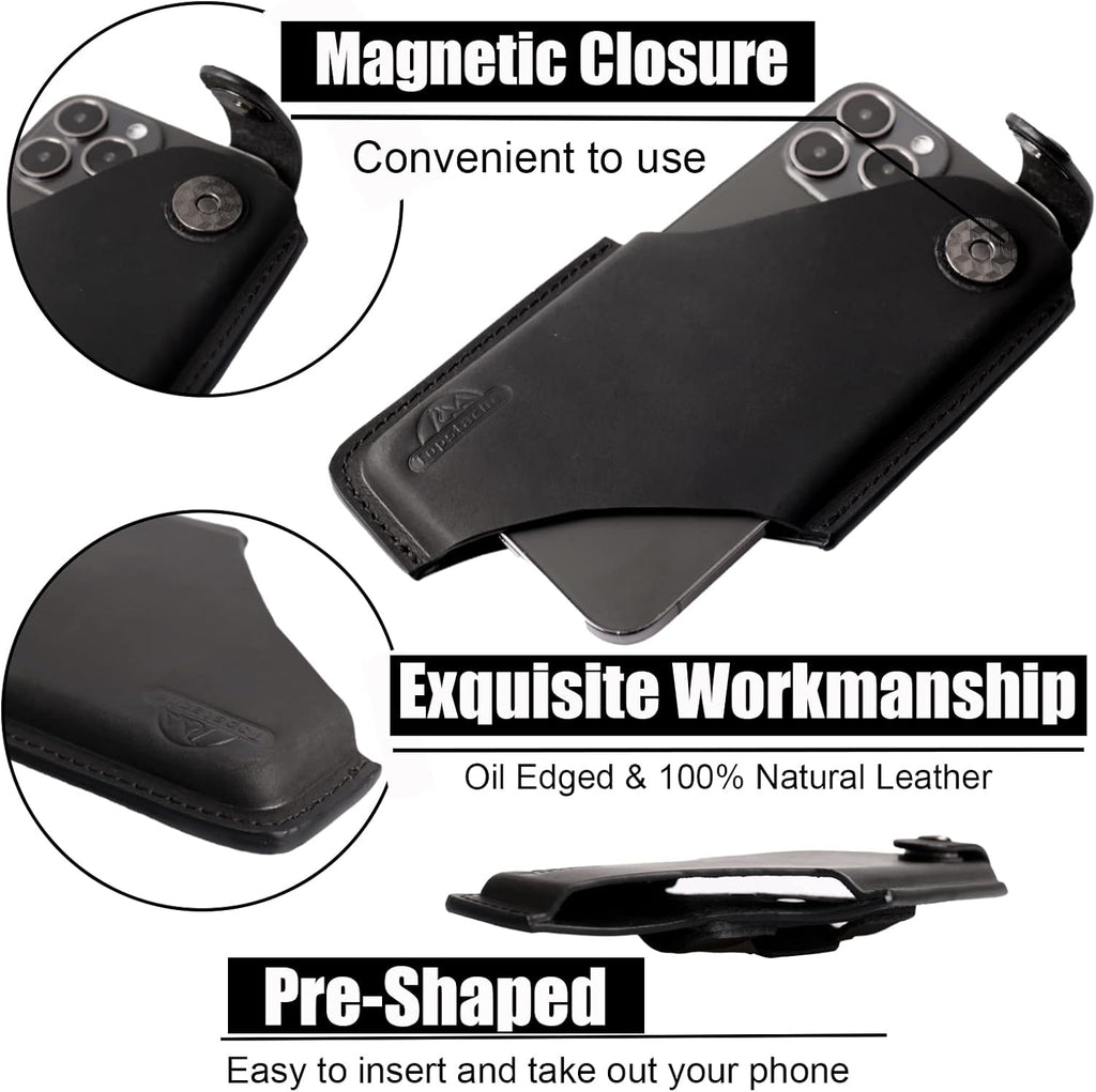 Topstache Leather Phone Holster with Magnetic Closure, Belt Clip Loop Case for iPhone & Samsung, Black, Medium