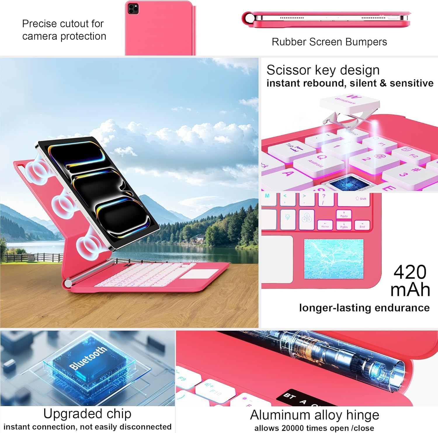 for iPad Pro 13 Inch Case with Keyboard (M4, 2024)，Magic-Style Magnetic – 7 Colors Backlight -Floating Cantilever Stand - Multi-Touch Trackpad Keyboard Case for iPad Pro 13 (Rose Red)