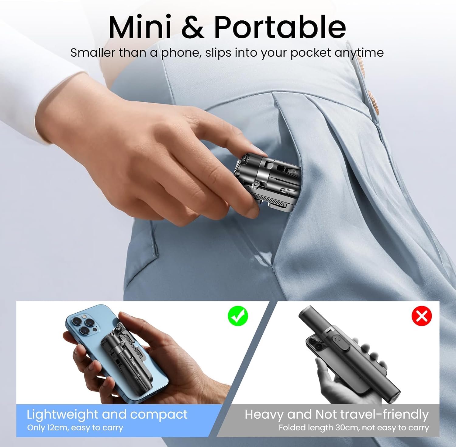 Mini Selfie Stick with 2 Fill Lights, Portable Phone Tripod with Remote and Cold Shoe Mount, Pocket Size Selfie Tripod for iPhone Android, Live Streaming, Video Recording(White)