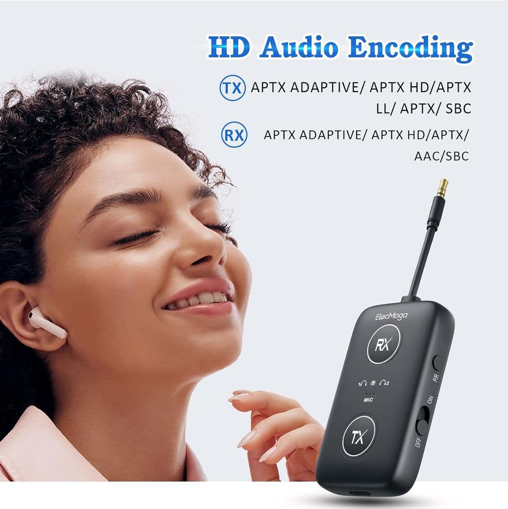 2025 Upgraded Airplane Bluetooth 5.4 Adapter with aptX Adaptive, ElecMoga Airplane Travel Essentials Supports 2 AirPods or Headphones, 2-in-1 AUX Wireless Transmitter Receiver for Gym, TV, Car, Audio