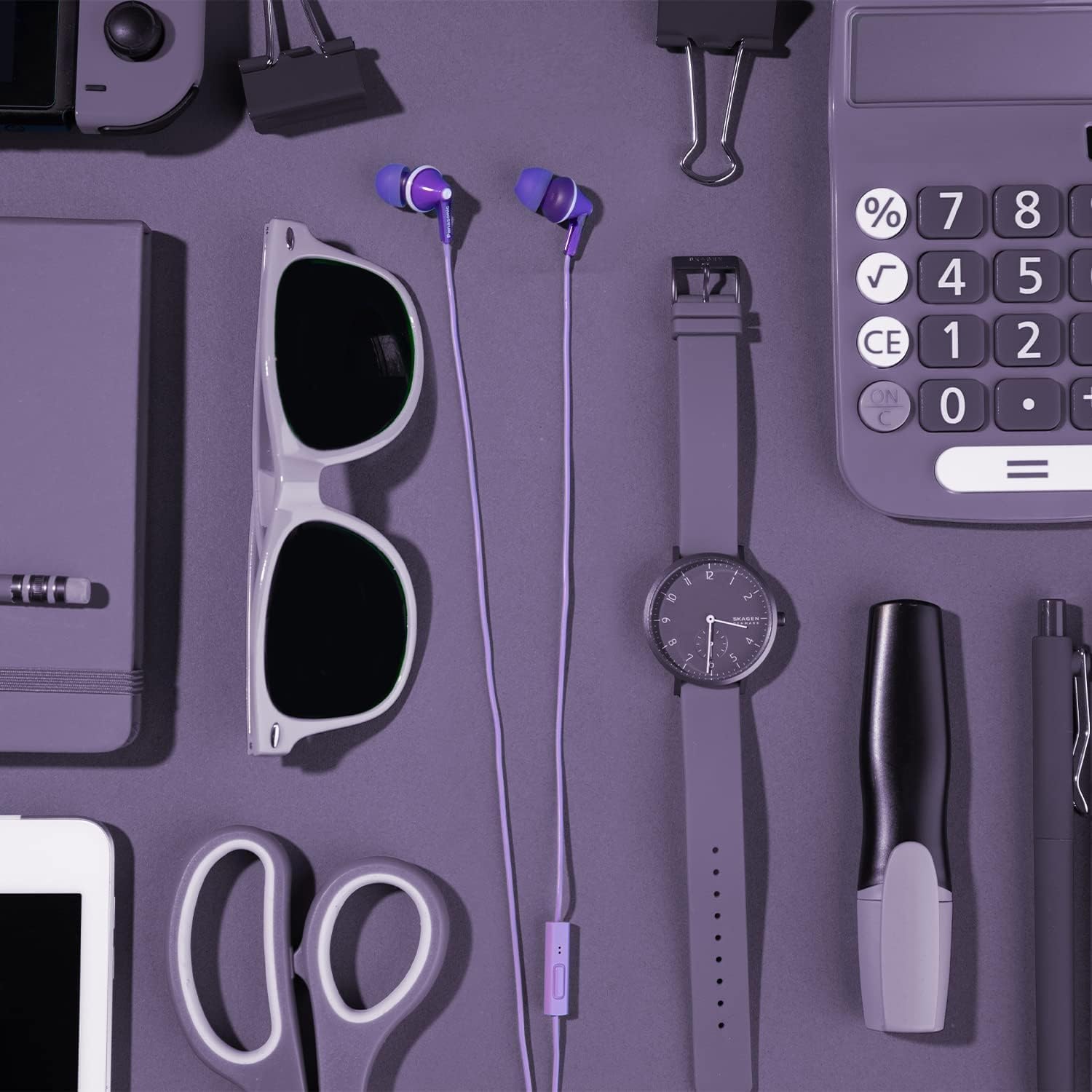 Panasonic ErgoFit Wired Earbuds With Microphone, 3.5mm Jack Wired Headphones with Mic and Call Controller, Ergonomic Custom-Fit Earpieces (S/M/L), for Phones and Laptops - RP-TCM125-V (Purple)