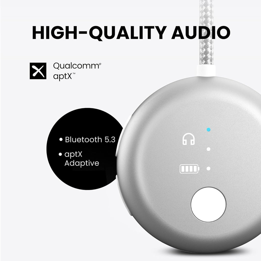 Avantree SoundJet R1 – Airplane Bluetooth Adapter for Headphones & AirPods, aptX Adaptive, Qualcomm Chipset, 20H Battery, Wireless Audio Transmitter for in-Flight Travel Essentials - Silver