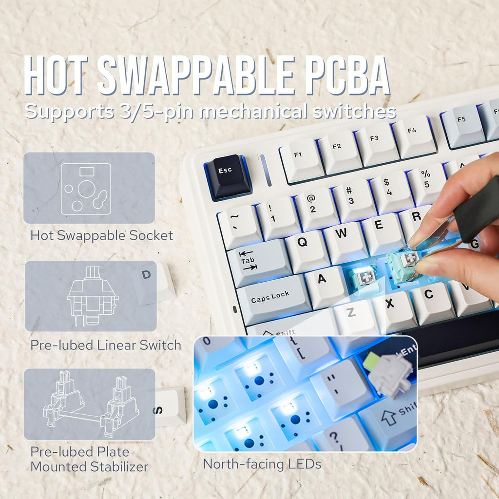 EPOMAKER x Aula F75 Gasket Mechanical Keyboard, 75% Wireless Hot Swappable Gaming Keyboard with Five-Layer Padding&Knob, Bluetooth/2.4GHz/USB-C, RGB (Light Blue, Crescent Switch)