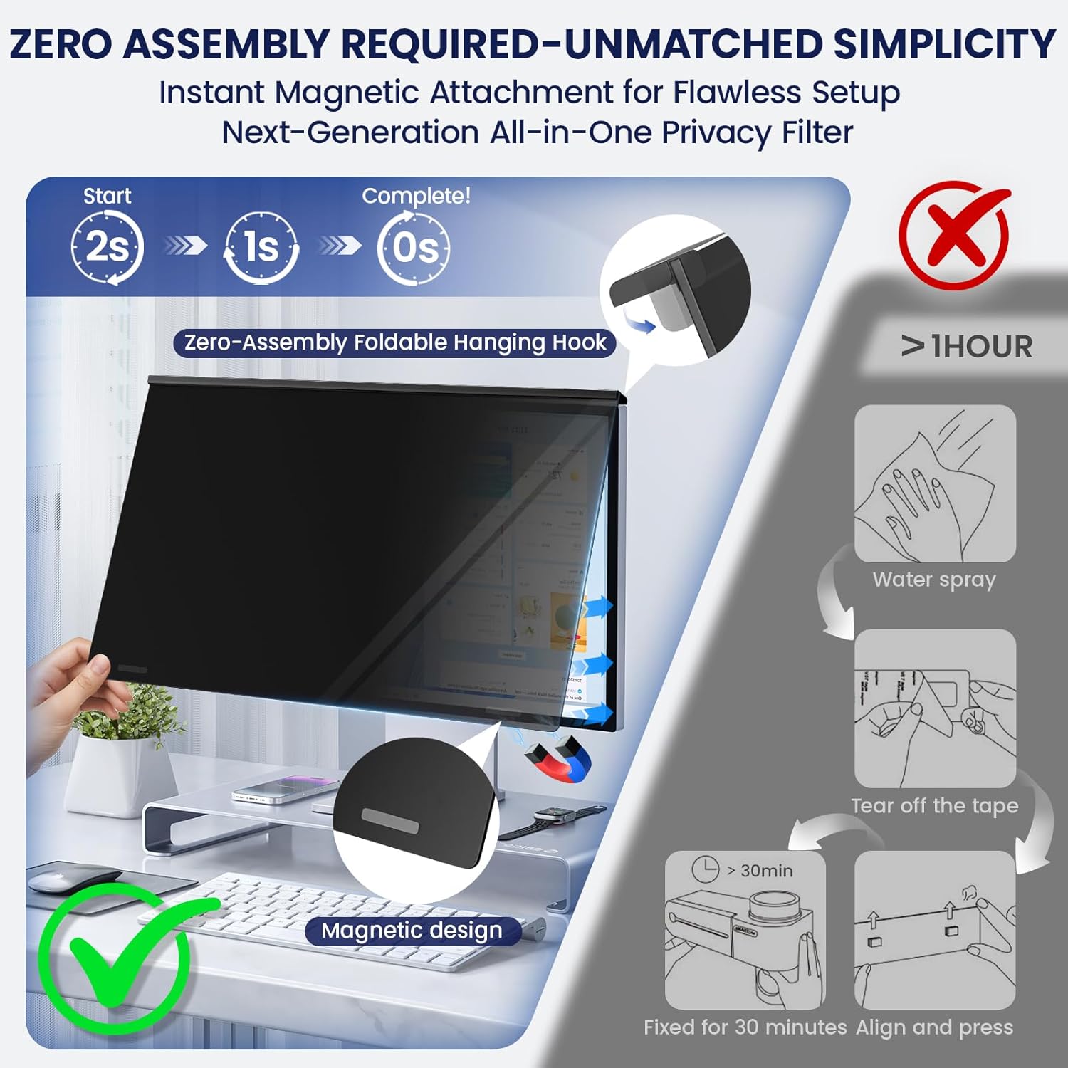 Magnetic Privacy Screen for Frameless Computer Monitor 23 Inch 16:9 Aspect Ratio,Hanging Blue Light Screen Protector Eye Protection Anti-Spy Shield, 23in Removable Privacy Filter