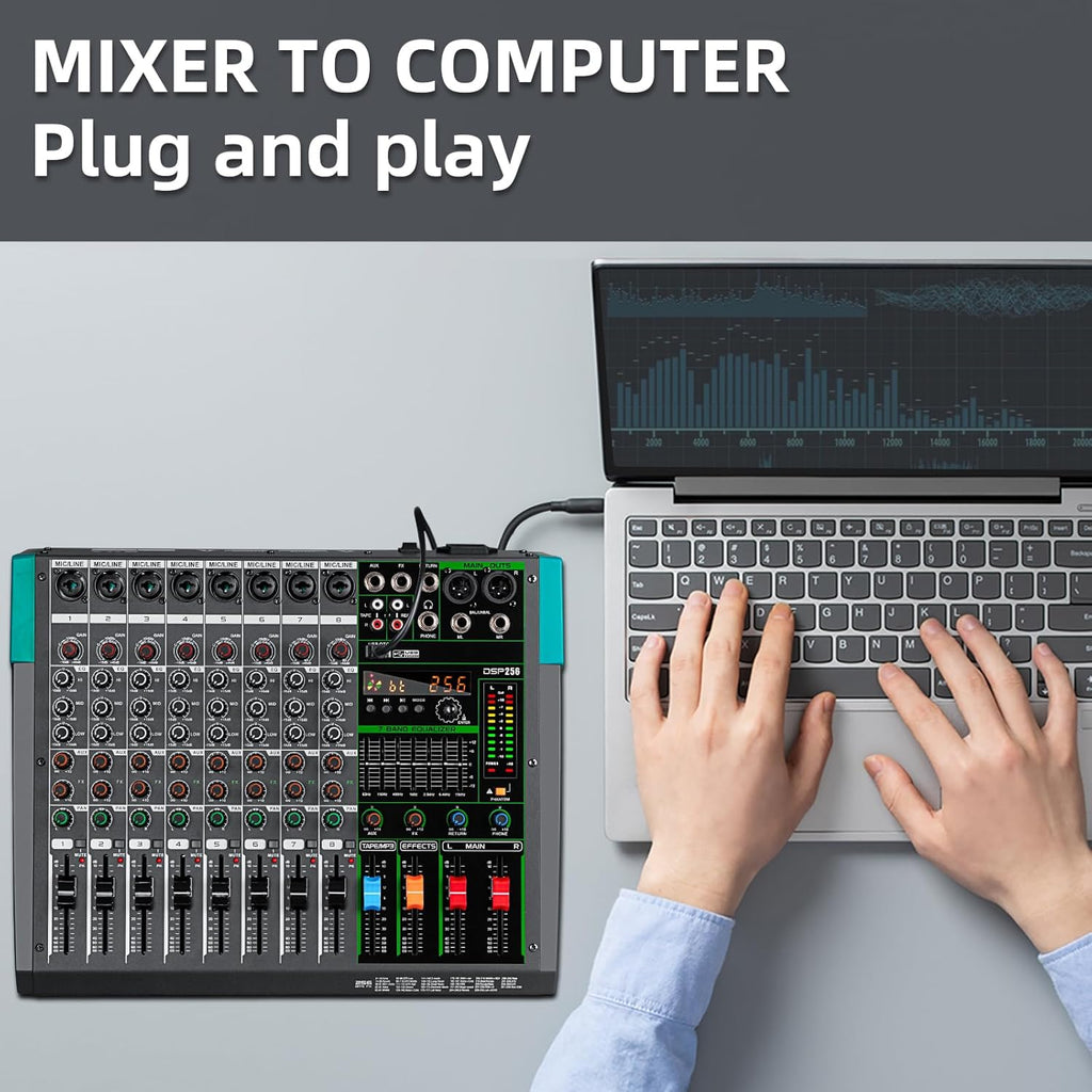 Depusheng PA8 Professional Audio Mixer Sound Board Console Desk System Interface 8 Channel Digital USB Bluetooth MP3 Computer Input 48V Phantom Power Built-in 256 Reverb Effect, Black