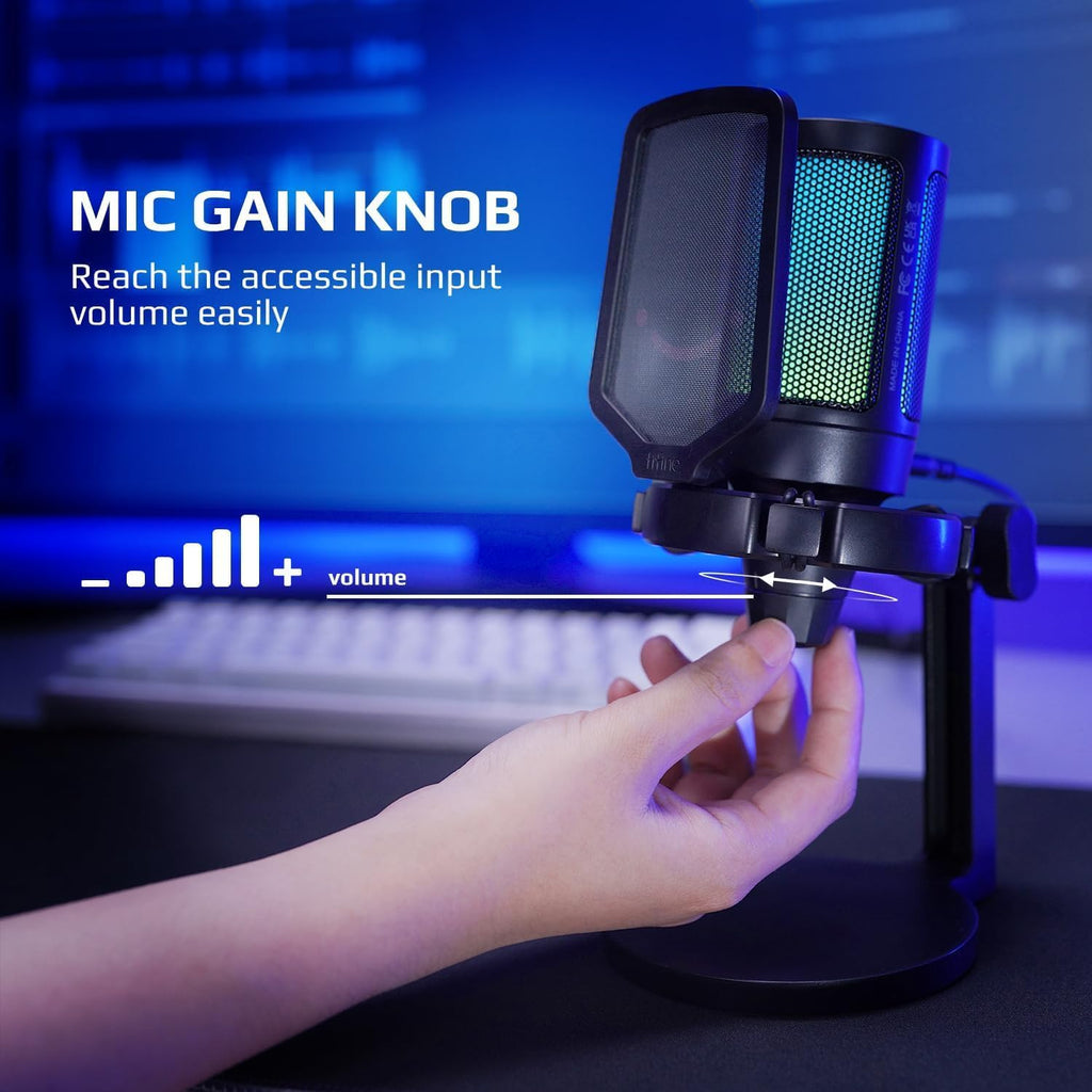 Fifine USB Microphone for PC Gaming, Computer Desktop Streaming Microphone with Mute Button, Gain Knob for Video Podcast, RGB Mic for PS4/PS5, Laptop A6NEO