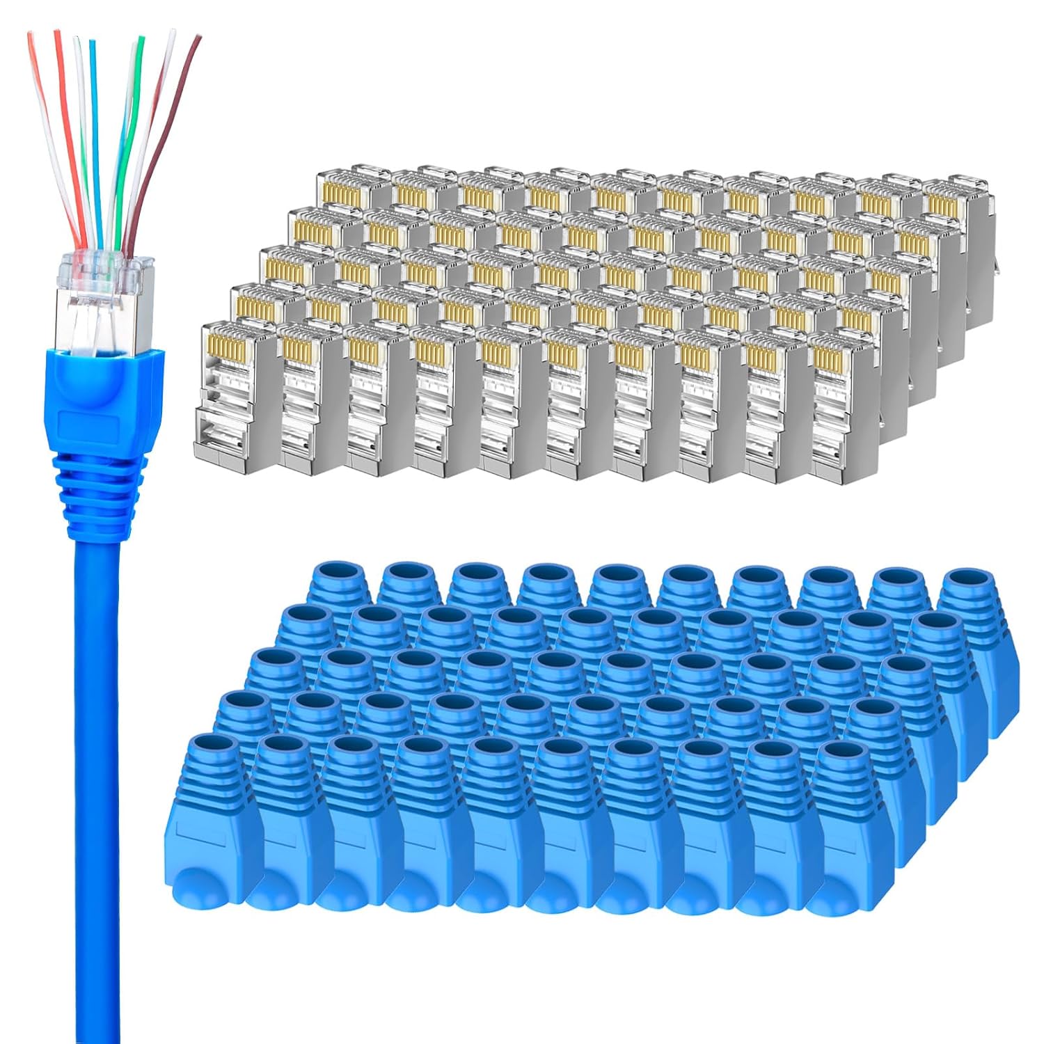 50-Pack Cat 6 Shielded Pass Through RJ45 Connectors + 50Pack RJ45 Strain Relief Boots, 8P8C Modular Ethernet STP Network Cable Plug End for Cat6 Cat5e