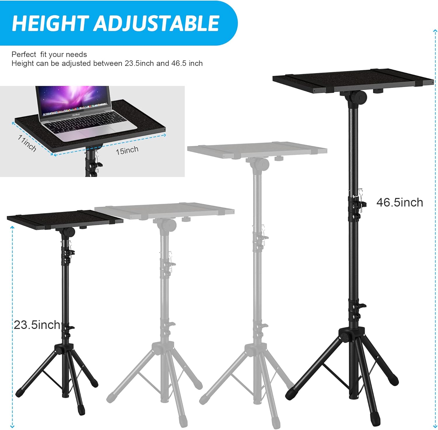 Projector Stand Tripod from 23" to 46", Laptop Tripod Stand Height Adjustable with Gooseneck Phone Holder, Laptop Floor Stand for Office, Home, Stage, Studio, DJ Racks Holder Mount