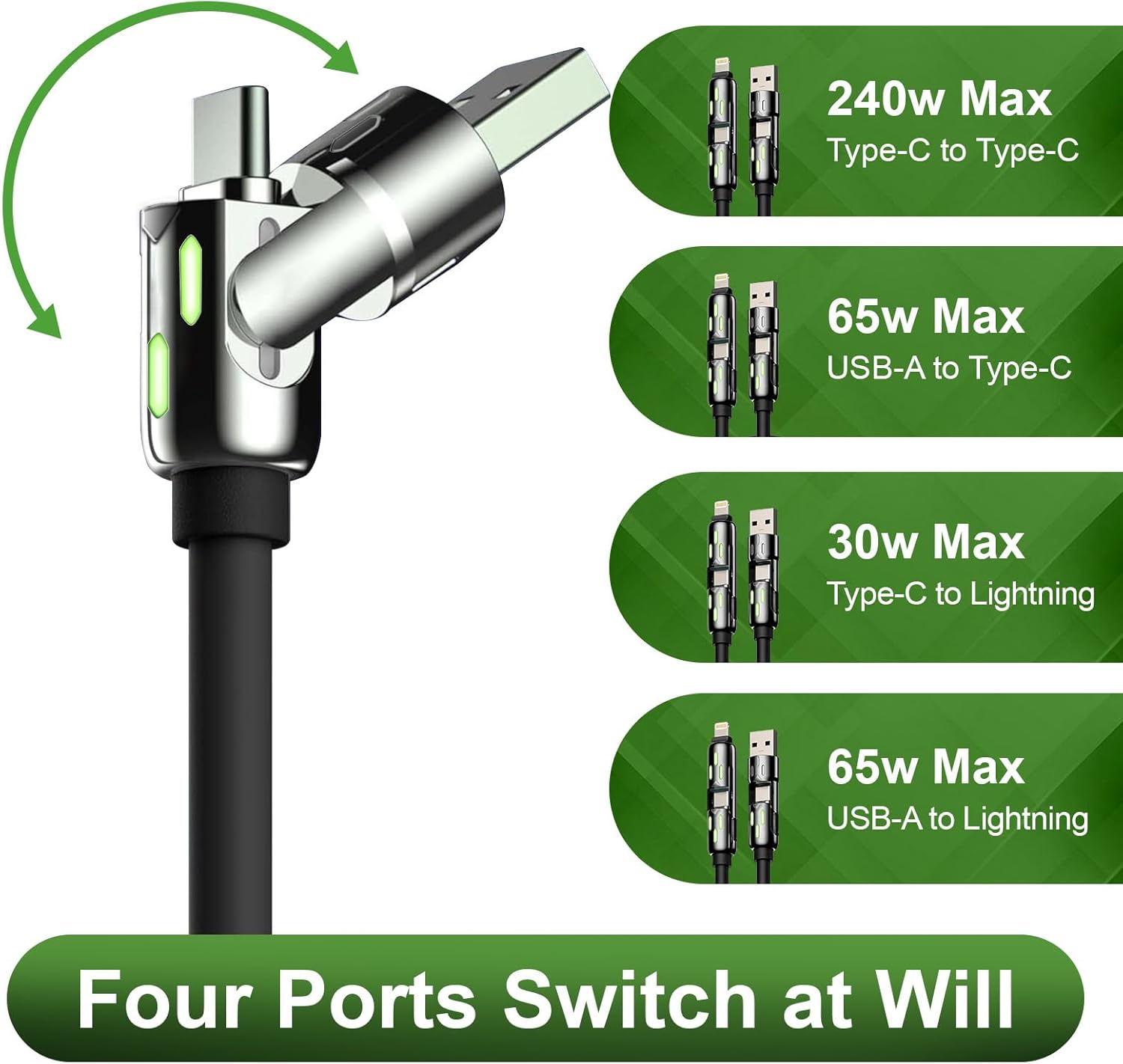 KerrKim 240W 4-in-1 Multi Fast USB Charging Cable with Breathing Light, USB A Type C Lightning Cable for iPhone 16 15 14 13 12 11 Pro Max iPad Samsung Galaxy MacBook iPad Tablets & More (6FT, Black)