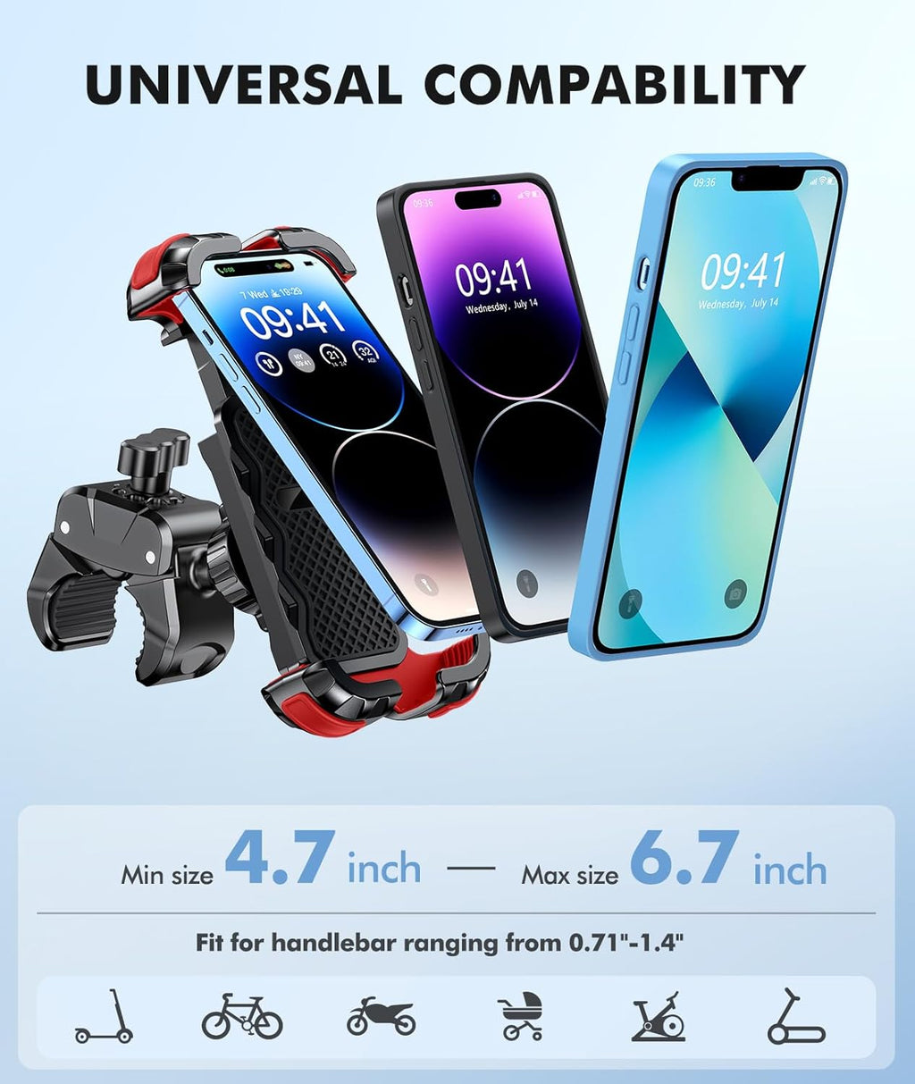 Motorcycle Phone Mount, Upgrade Bike Phone Mount [1s Lock][Secure Protection], 360° Rotatable Phone Holder for Mountain Bike/ATV/Scooter Handlebar, Compatible with iPhone/Samsung 4.7-6.7" (Red)