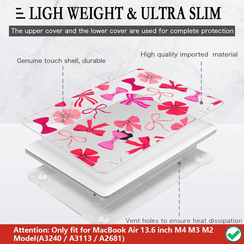 CISSOOK Compatible with MacBook Air 13.6 inch Case 2025 2024 2023 2022 Release A3240 A3113 A2681, Plastic Hard Shell Case Keyboard Cover Screen Protector for MacBook Air 13inch M2 M3 M4, Pink Bows