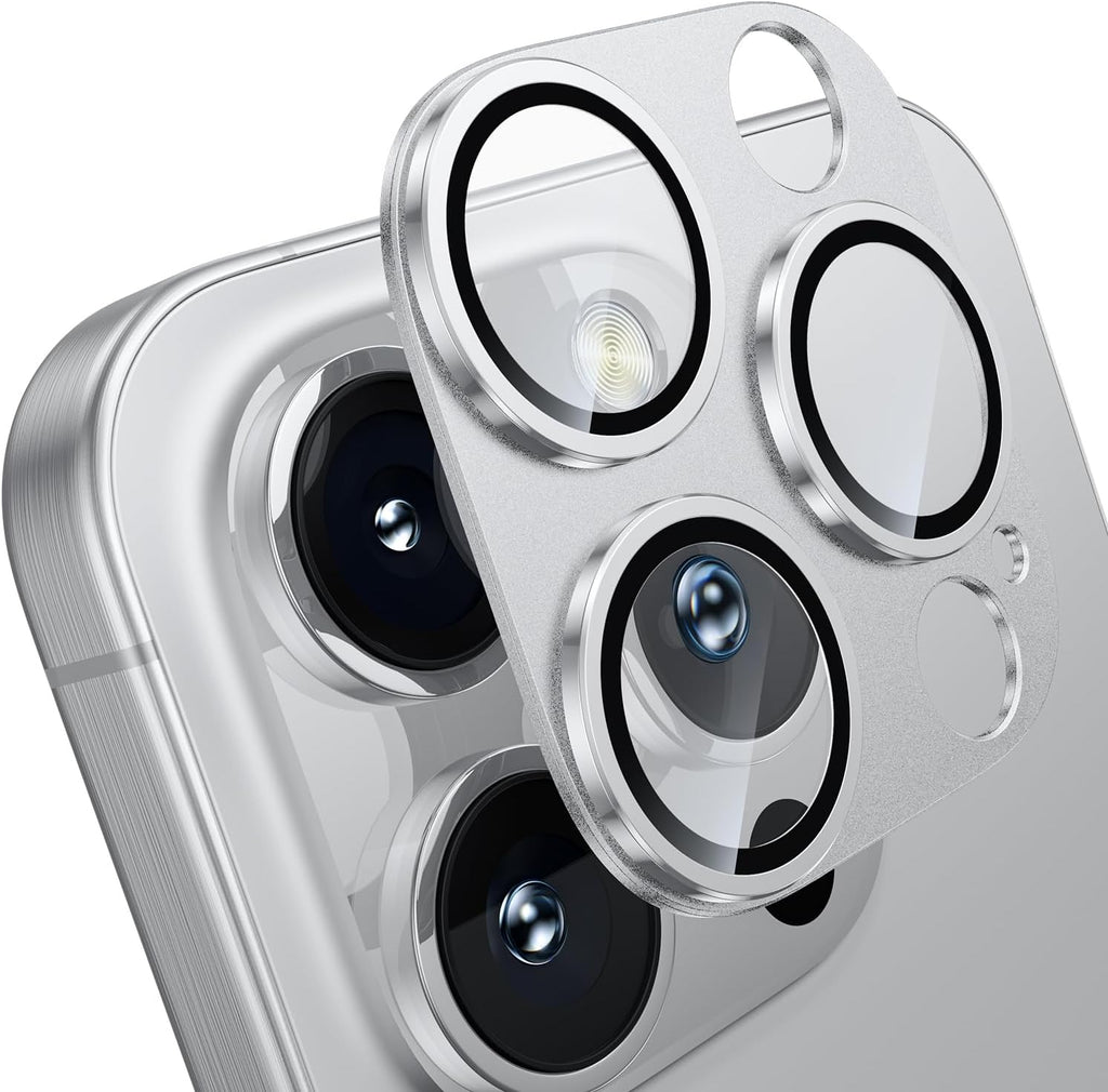WSKEN for iPhone 16 Pro/iPhone 16 Pro Max Camera Lens Protector, [Military Grade Shatterproof] [Strong Adsorption] Metal Aluminum Alloy Tempered Glass Camera Screen Protector, Silver Titanium