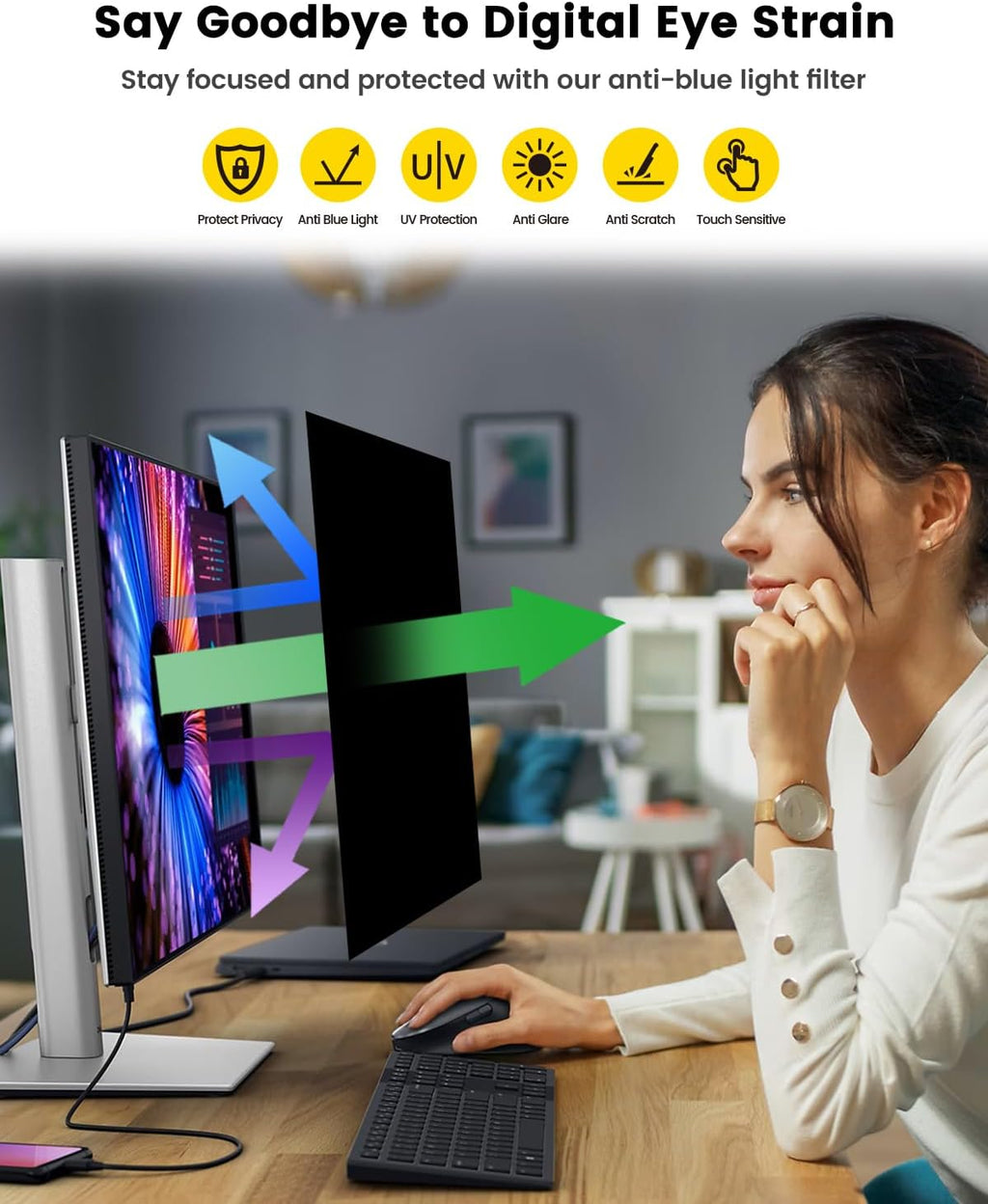 F FORITO 24 Inch 16:10 360°Privacy Screen Protector for Computer Monitor, Removable Eye Protection Anti Blue Light Anti Glare Computer Screen Privacy Shield for 24" Widescreen Monitors